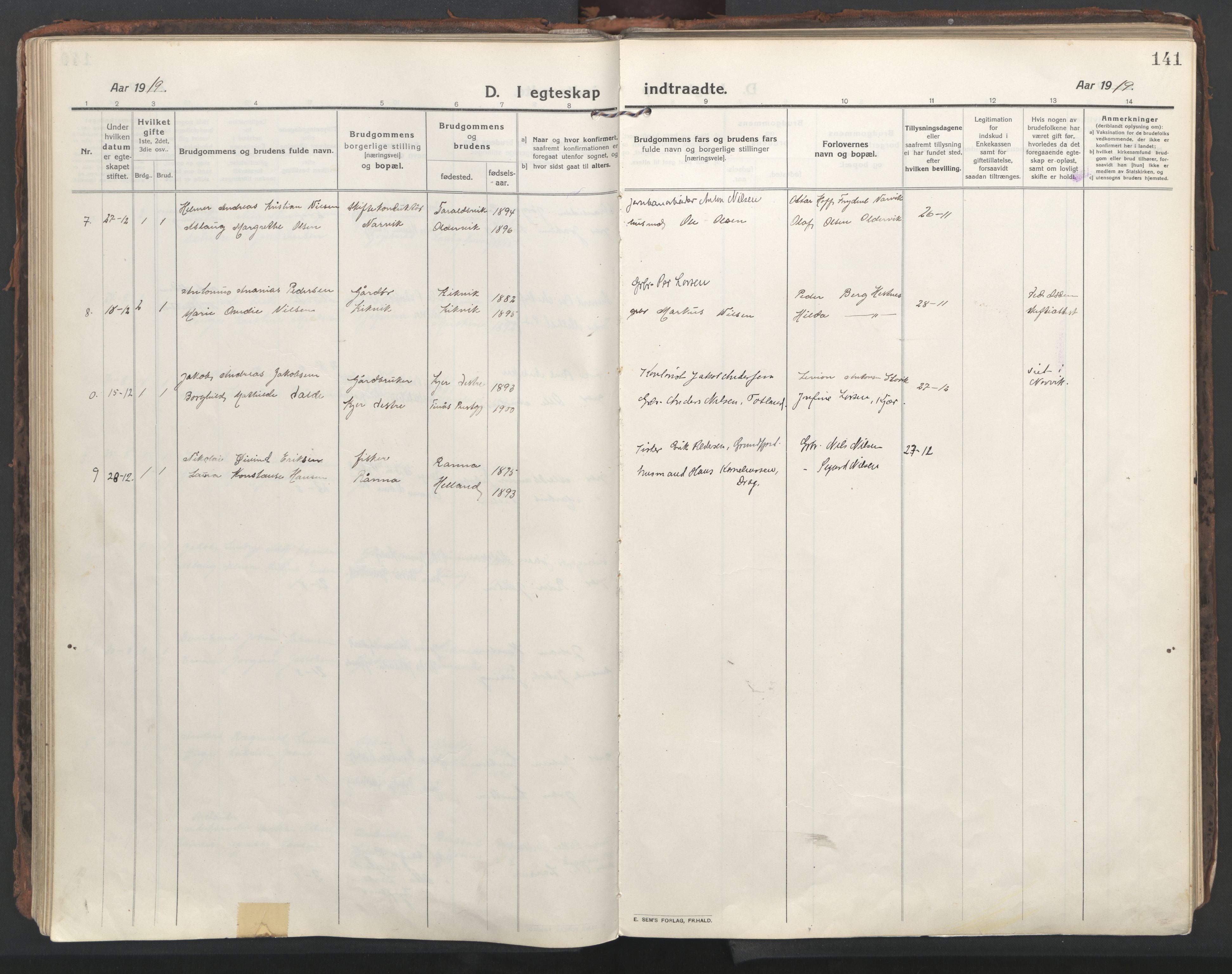 Ministerialprotokoller, klokkerbøker og fødselsregistre - Nordland, AV/SAT-A-1459/861/L0872: Parish register (official) no. 861A07, 1915-1924, p. 141