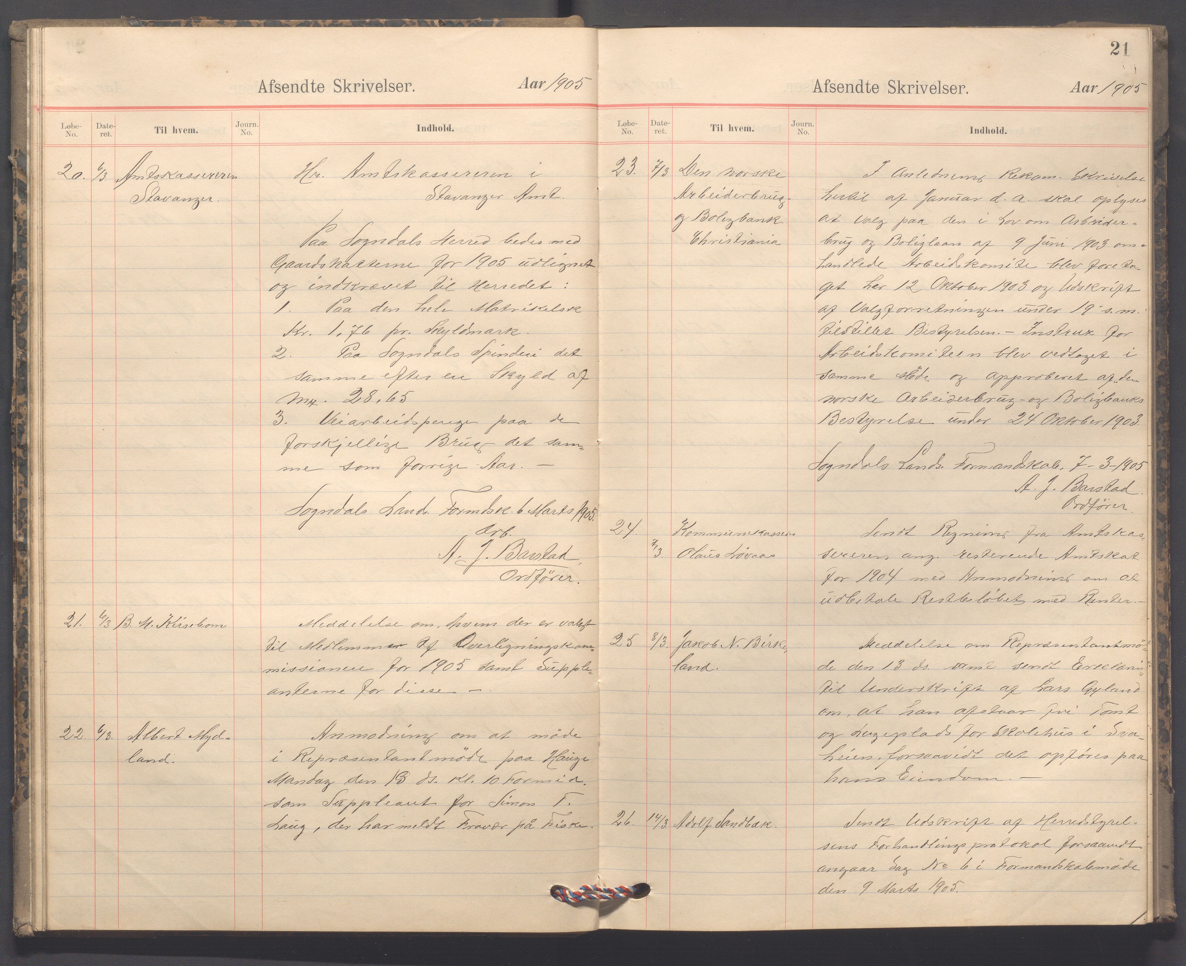 Sokndal kommune - Formannskapet/Sentraladministrasjonen, IKAR/K-101099/B/L0003: Kopibok, 1904-1913, p. 21