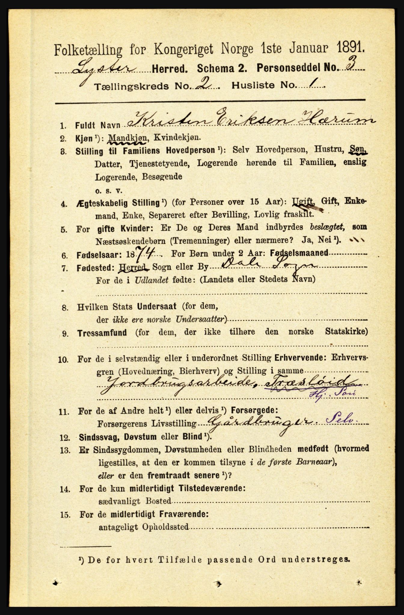 RA, 1891 census for 1426 Luster, 1891, p. 841