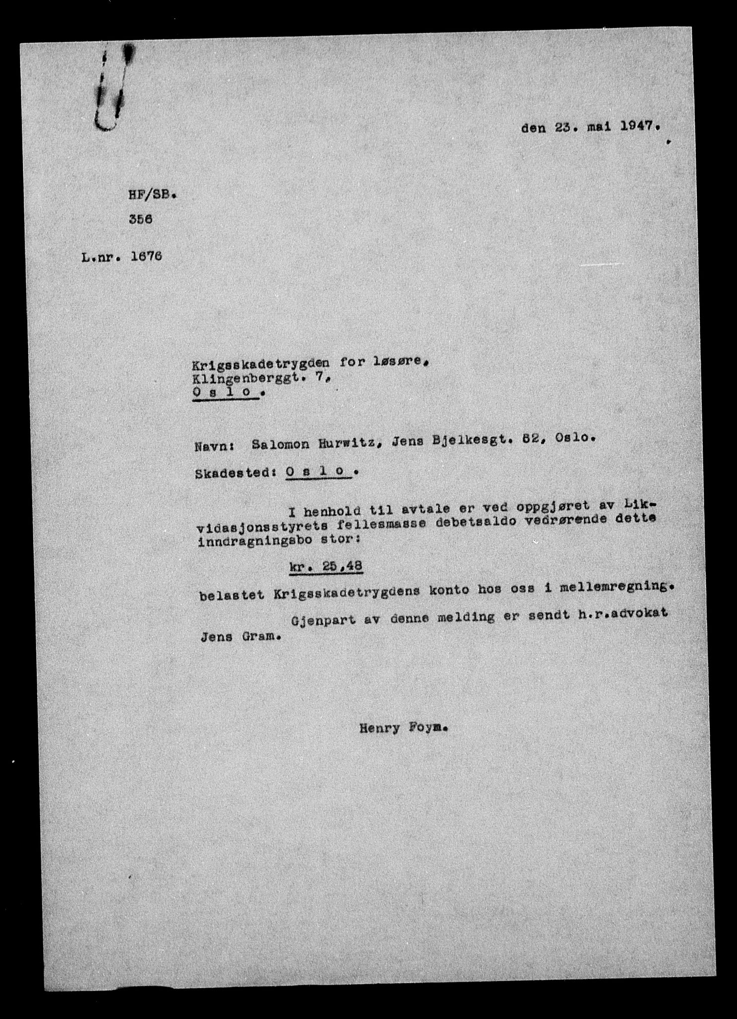 Justisdepartementet, Tilbakeføringskontoret for inndratte formuer, AV/RA-S-1564/H/Hc/Hcc/L0945: --, 1945-1947, p. 6