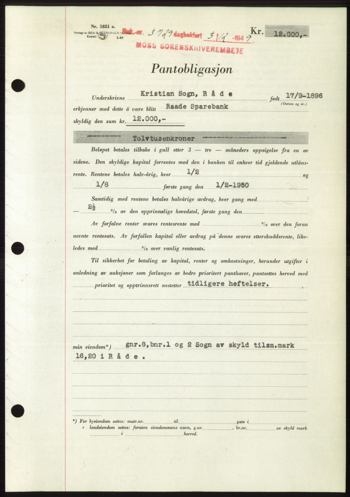 Moss sorenskriveri, SAO/A-10168: Mortgage book no. B23, 1949-1950, Diary no: : 3729/1949