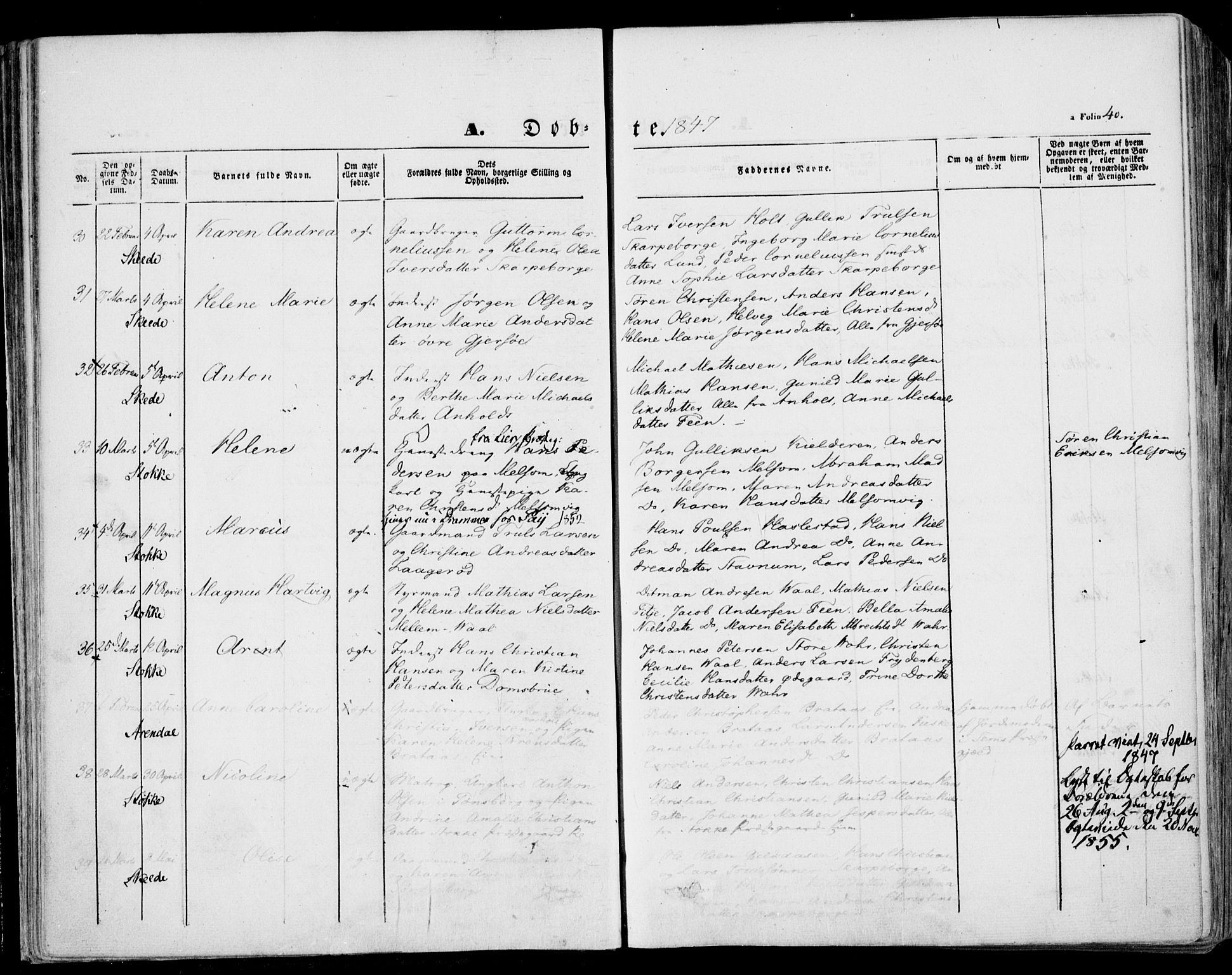 Stokke kirkebøker, AV/SAKO-A-320/F/Fa/L0007: Parish register (official) no. I 7, 1844-1857, p. 40