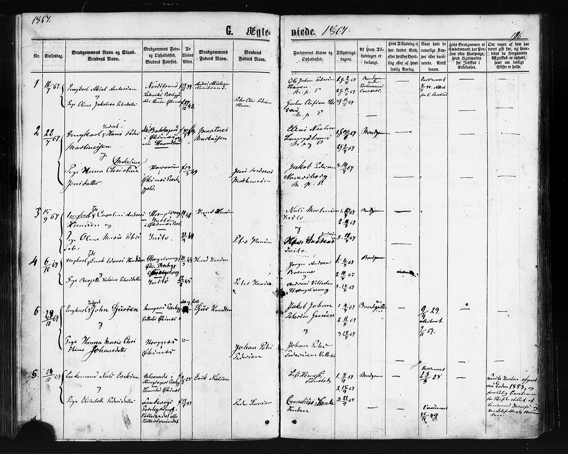 Ministerialprotokoller, klokkerbøker og fødselsregistre - Nordland, AV/SAT-A-1459/893/L1334: Parish register (official) no. 893A07, 1867-1877, p. 196