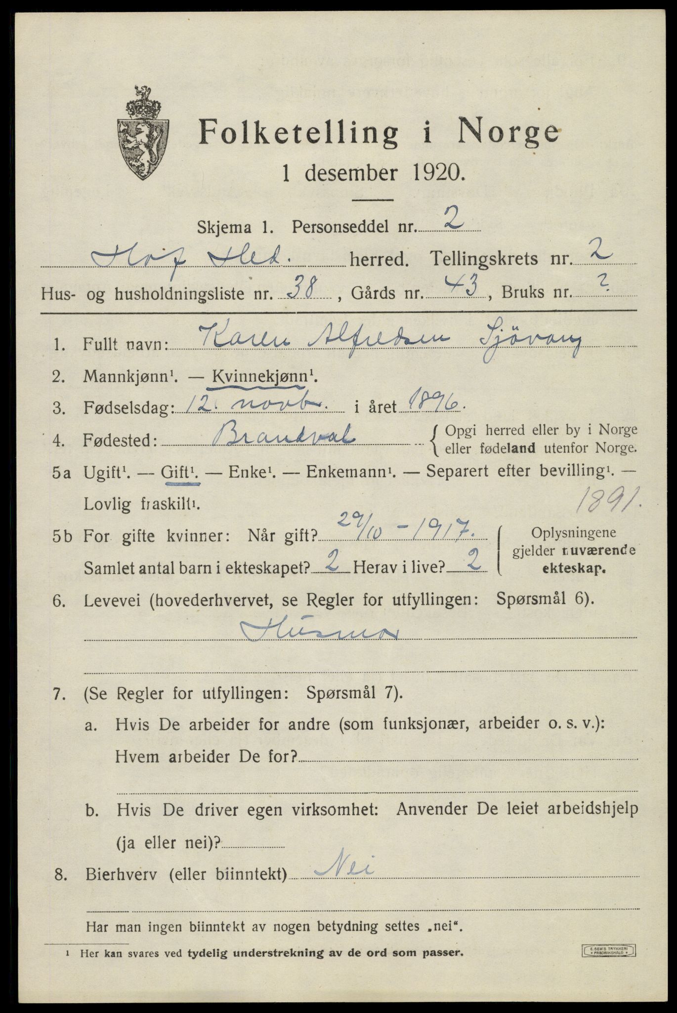 SAH, 1920 census for Hof, 1920, p. 2921