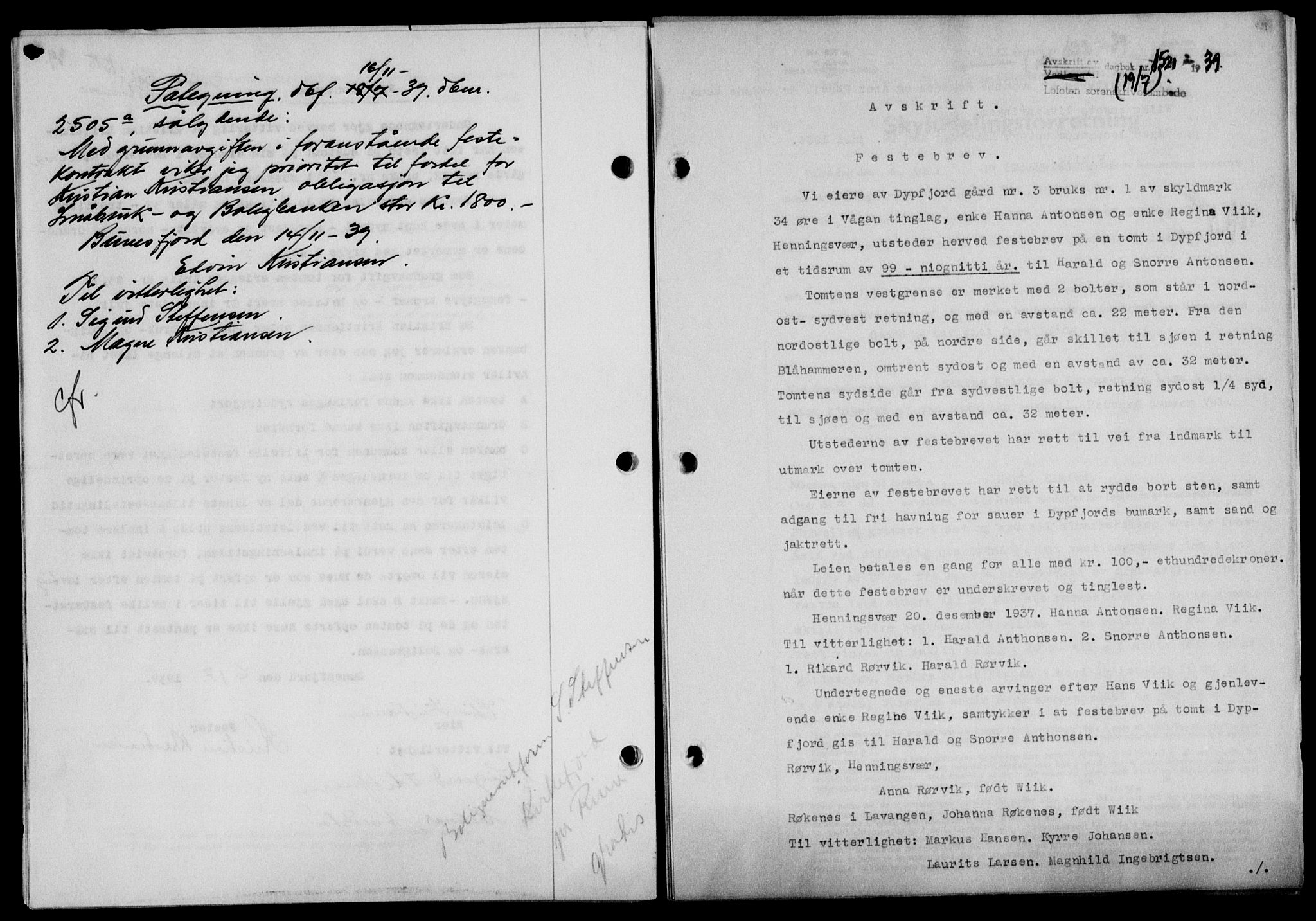 Lofoten sorenskriveri, SAT/A-0017/1/2/2C/L0006a: Mortgage book no. 6a, 1939-1939, Diary no: : 1521/1939