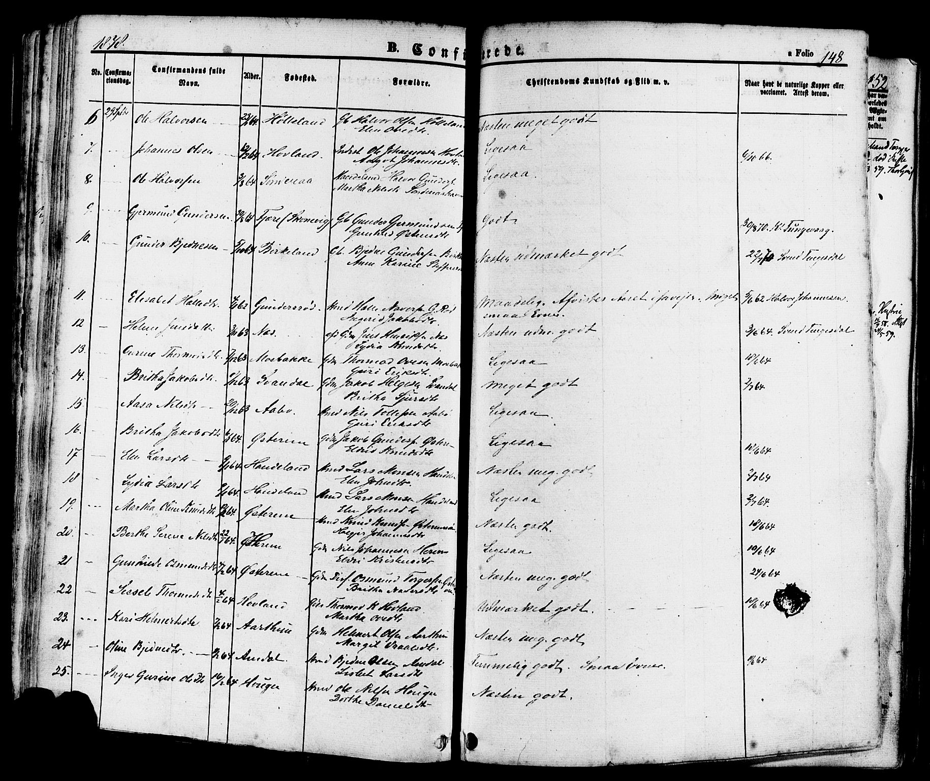 Sand sokneprestkontor, AV/SAST-A-101848/01/III/L0004: Parish register (official) no. A 4, 1859-1880, p. 148