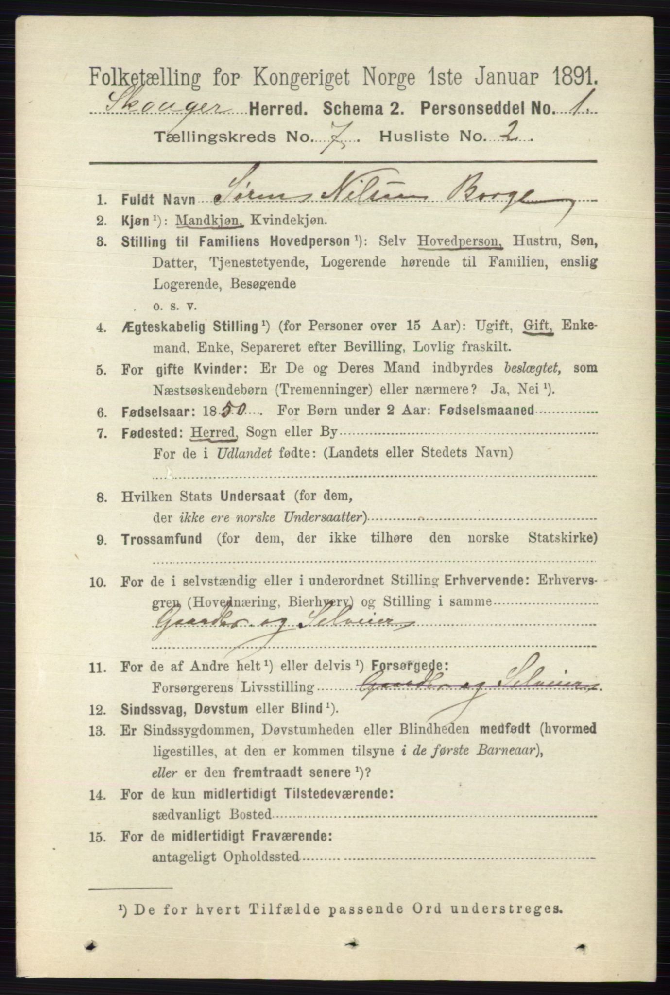 RA, 1891 census for 0712 Skoger, 1891, p. 3847