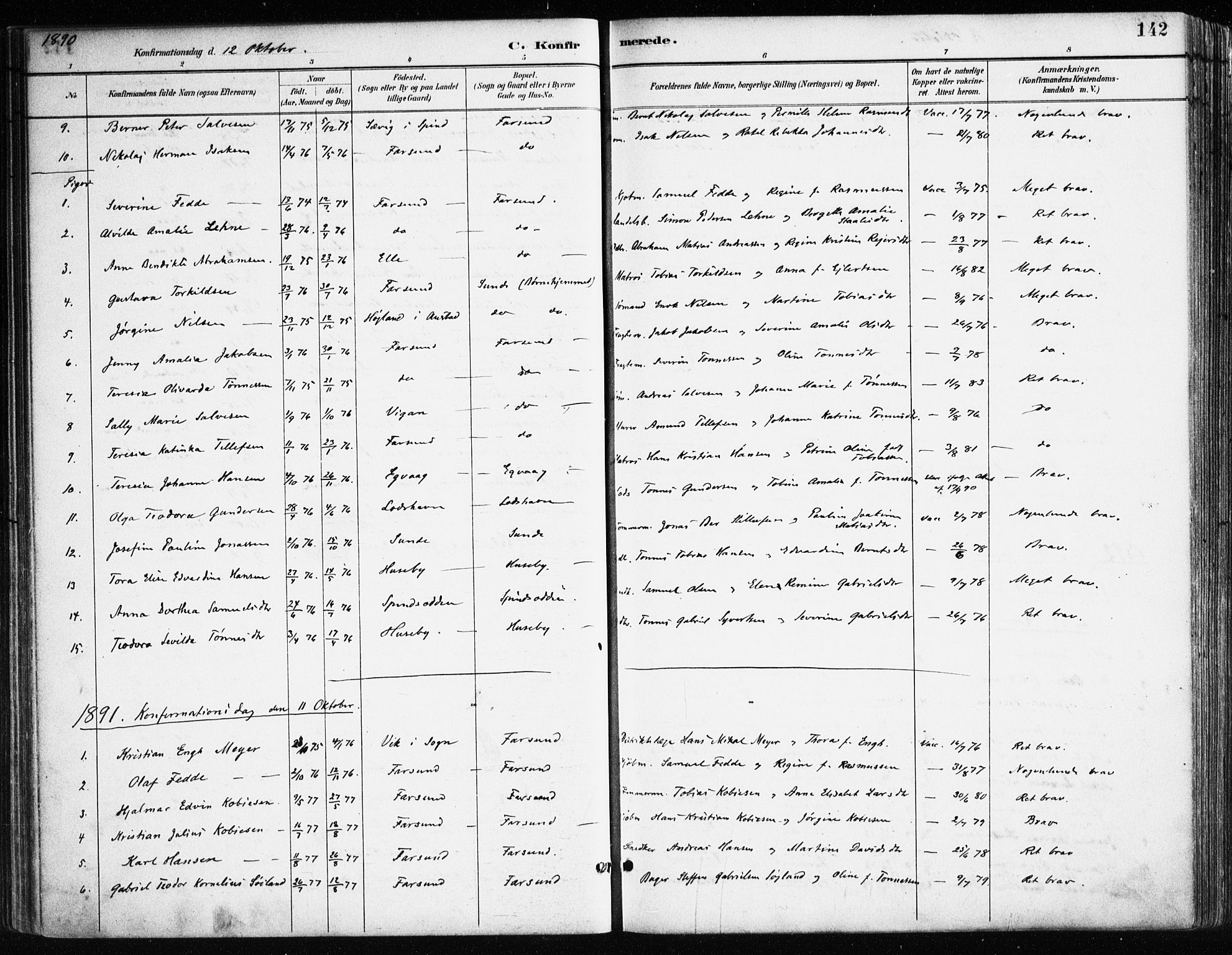 Farsund sokneprestkontor, SAK/1111-0009/F/Fa/L0006: Parish register (official) no. A 6, 1887-1920, p. 142