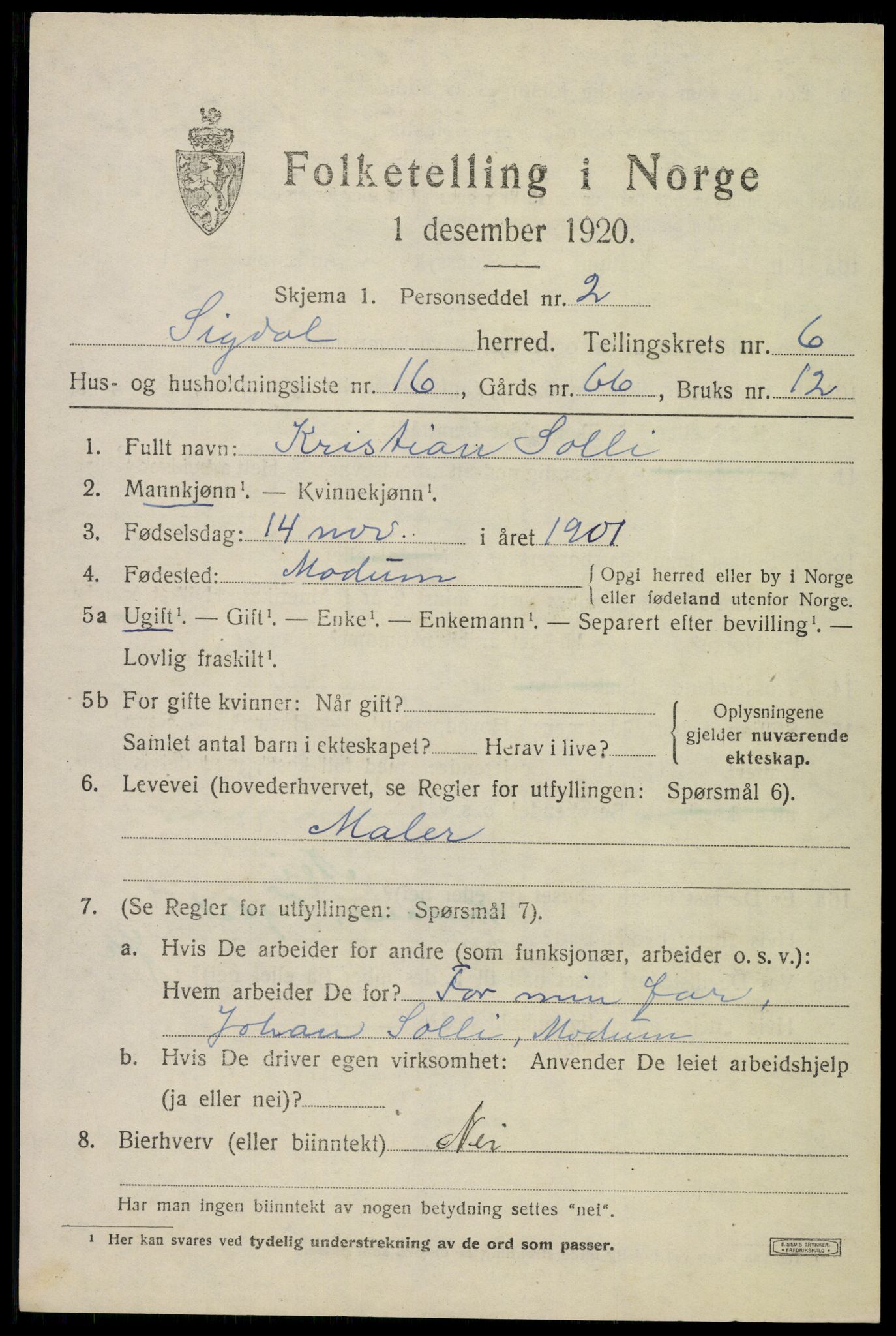 SAKO, 1920 census for Sigdal, 1920, p. 4696