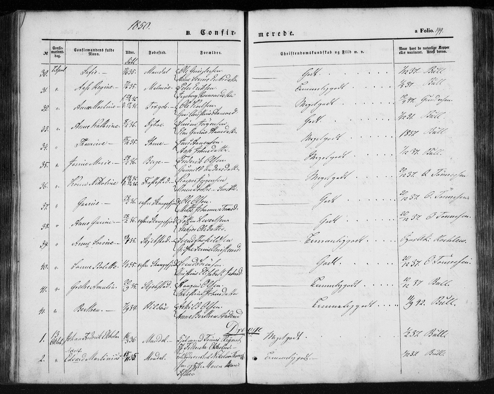 Mandal sokneprestkontor, AV/SAK-1111-0030/F/Fa/Faa/L0013: Parish register (official) no. A 13, 1847-1859, p. 199