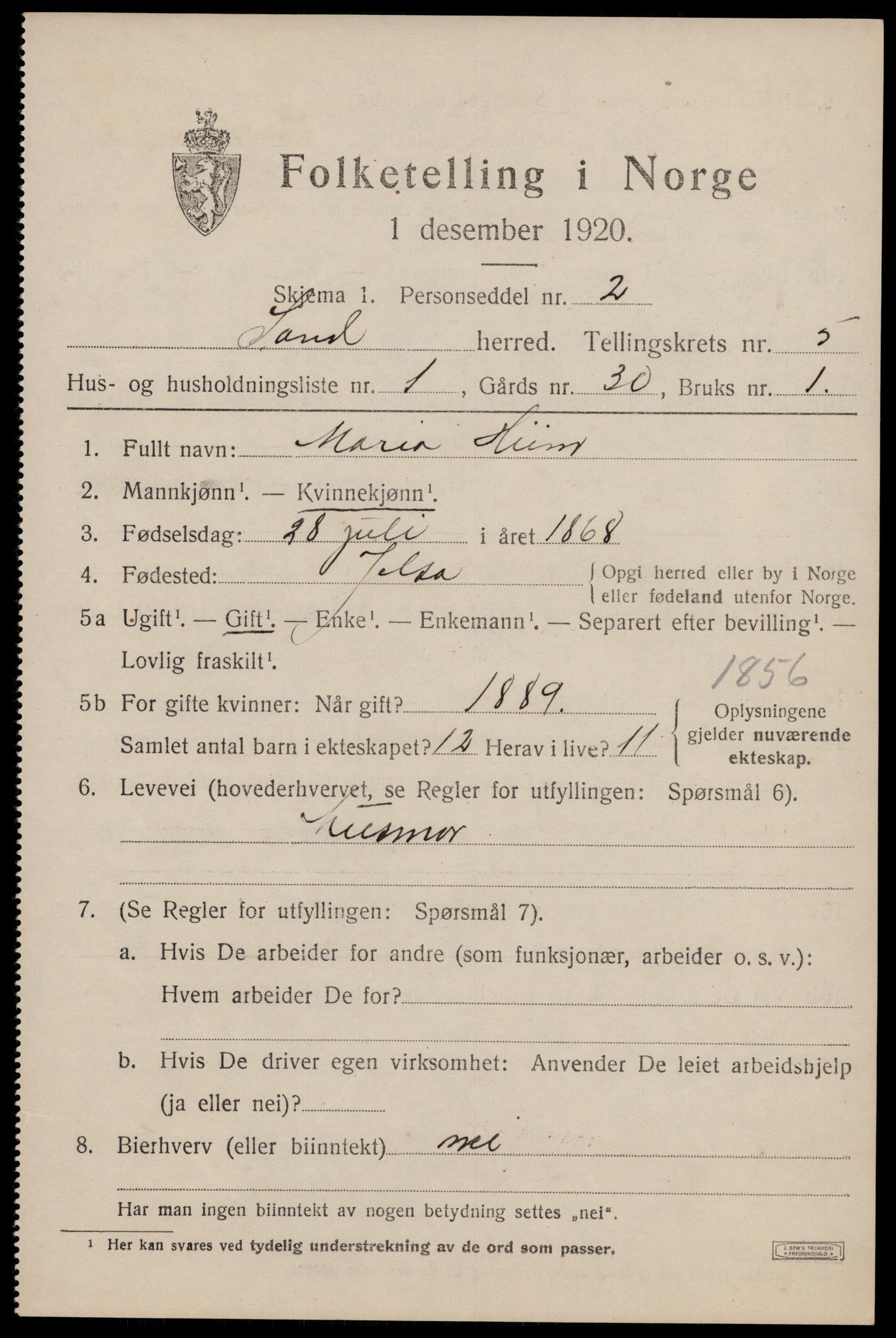 SAST, 1920 census for Sand, 1920, p. 1889