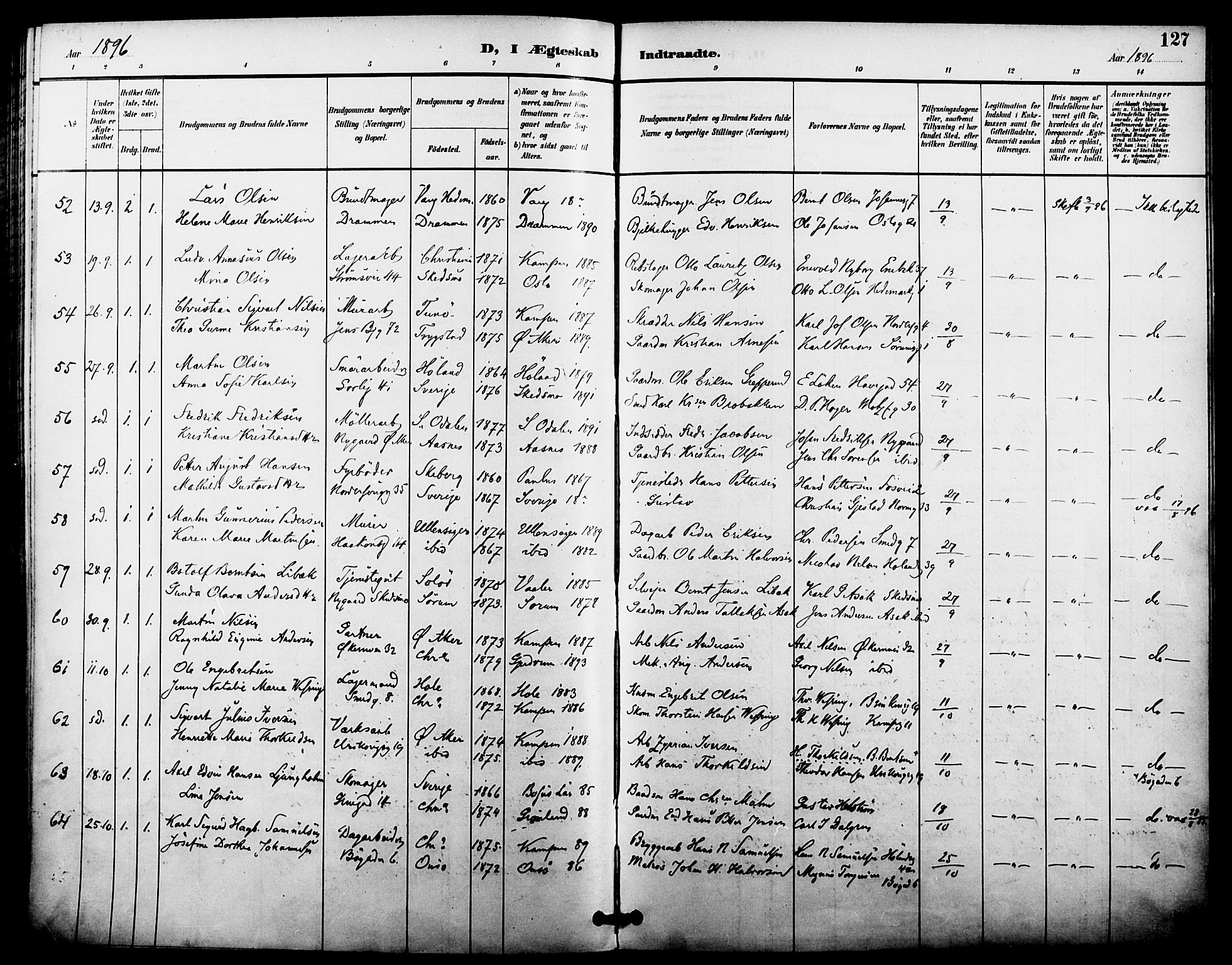 Kampen prestekontor Kirkebøker, SAO/A-10853/F/Fa/L0008: Parish register (official) no. I 8, 1892-1902, p. 127