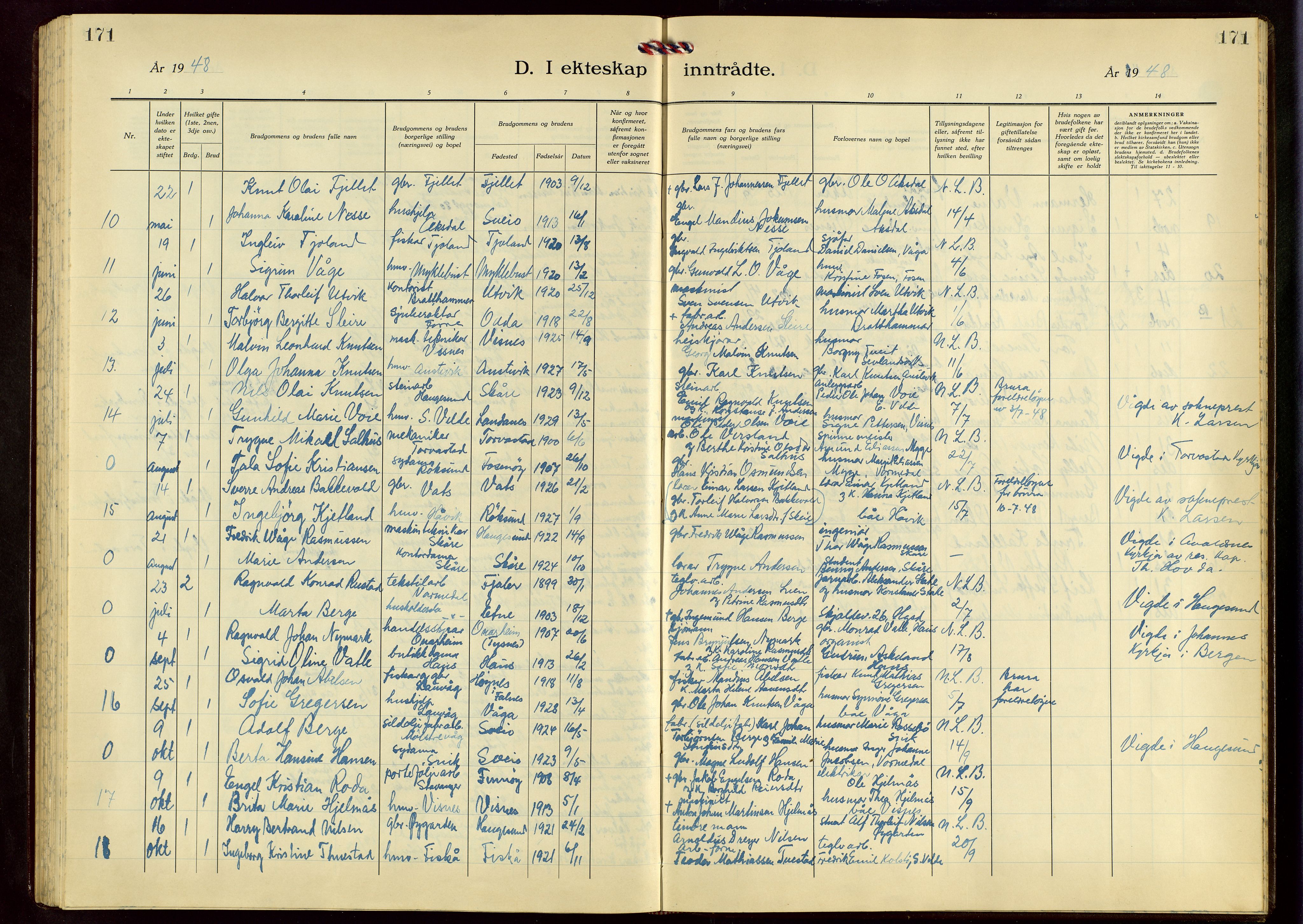 Avaldsnes sokneprestkontor, AV/SAST-A -101851/H/Ha/Hab/L0009: Parish register (copy) no. B 9, 1940-1958, p. 171