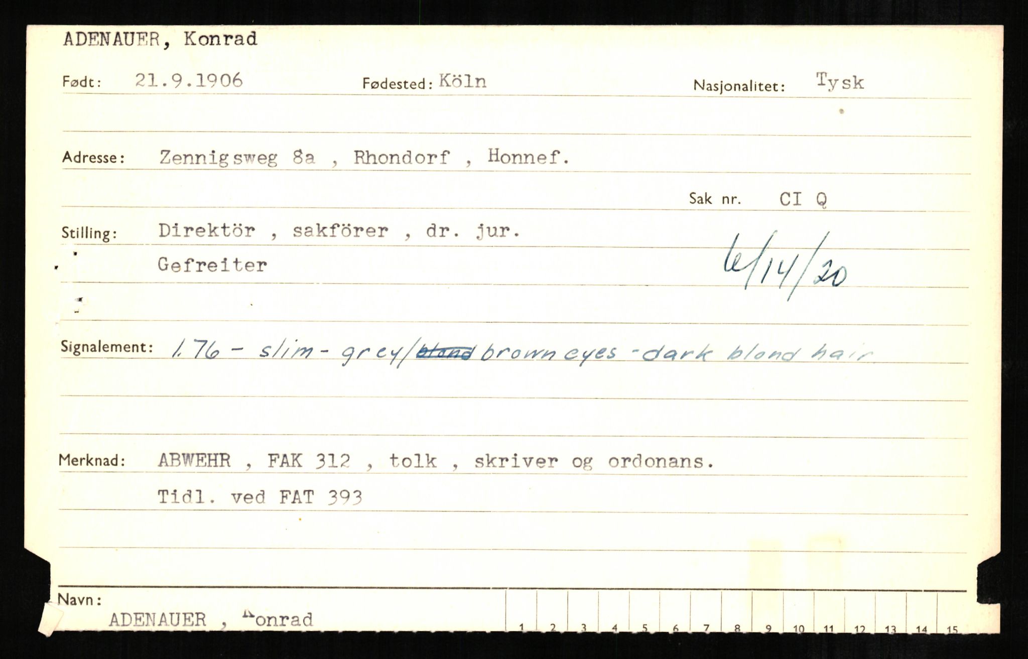 Forsvaret, Forsvarets overkommando II, AV/RA-RAFA-3915/D/Db/L0001: CI Questionaires. Tyske okkupasjonsstyrker i Norge. Tyskere., 1945-1946, p. 95