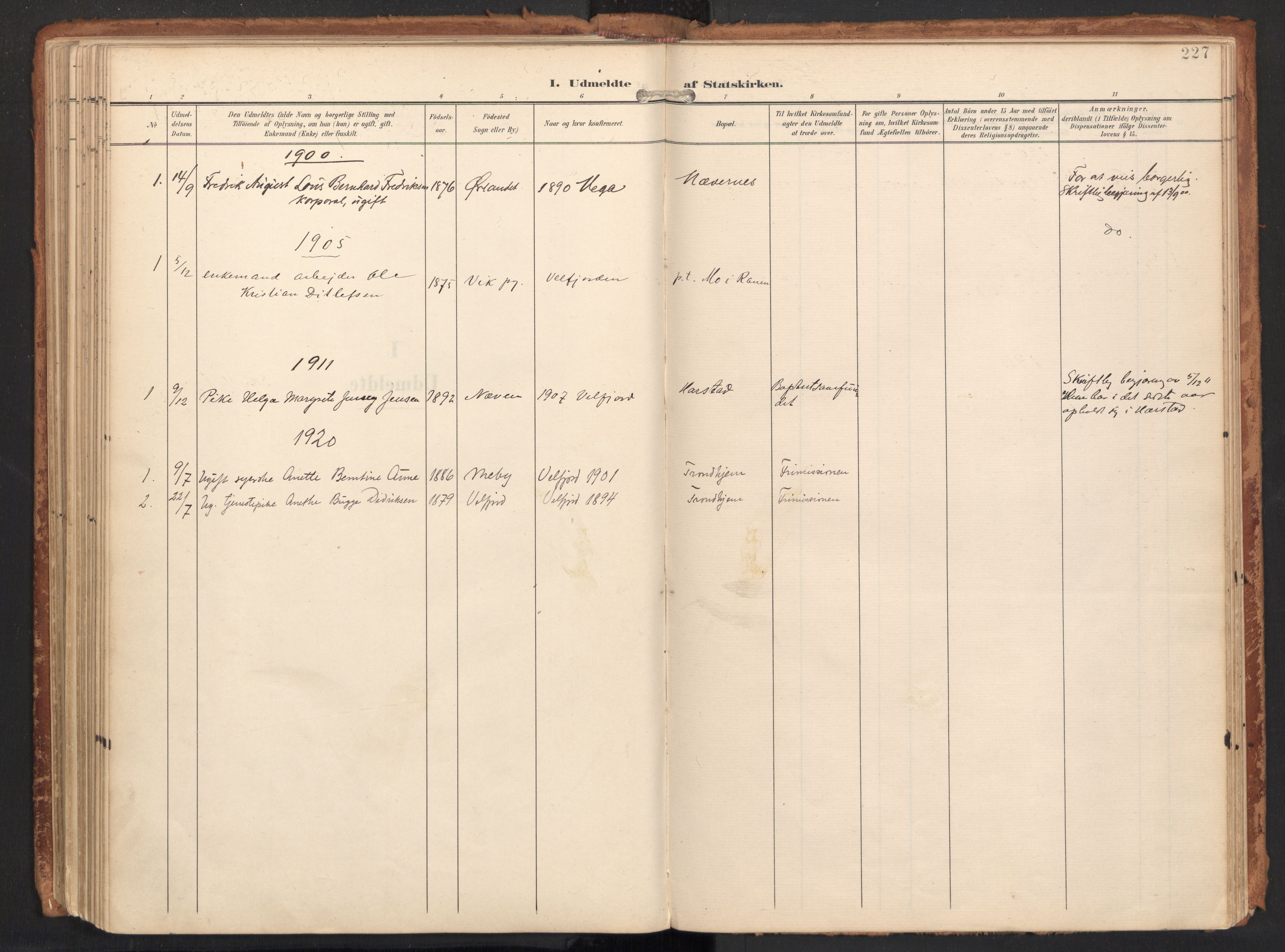 Ministerialprotokoller, klokkerbøker og fødselsregistre - Nordland, SAT/A-1459/814/L0227: Parish register (official) no. 814A08, 1899-1920, p. 227
