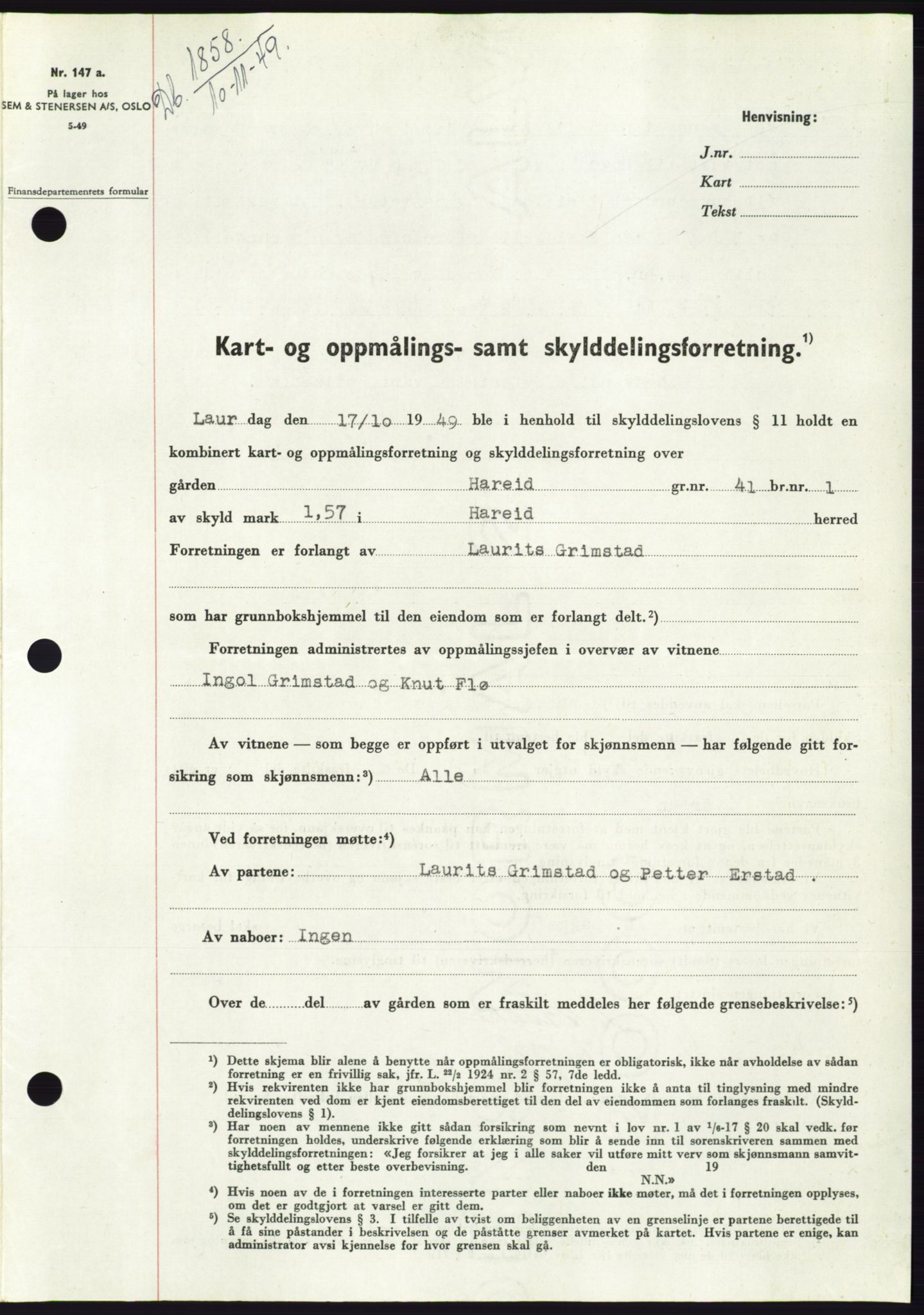 Søre Sunnmøre sorenskriveri, AV/SAT-A-4122/1/2/2C/L0085: Mortgage book no. 11A, 1949-1949, Diary no: : 1858/1949