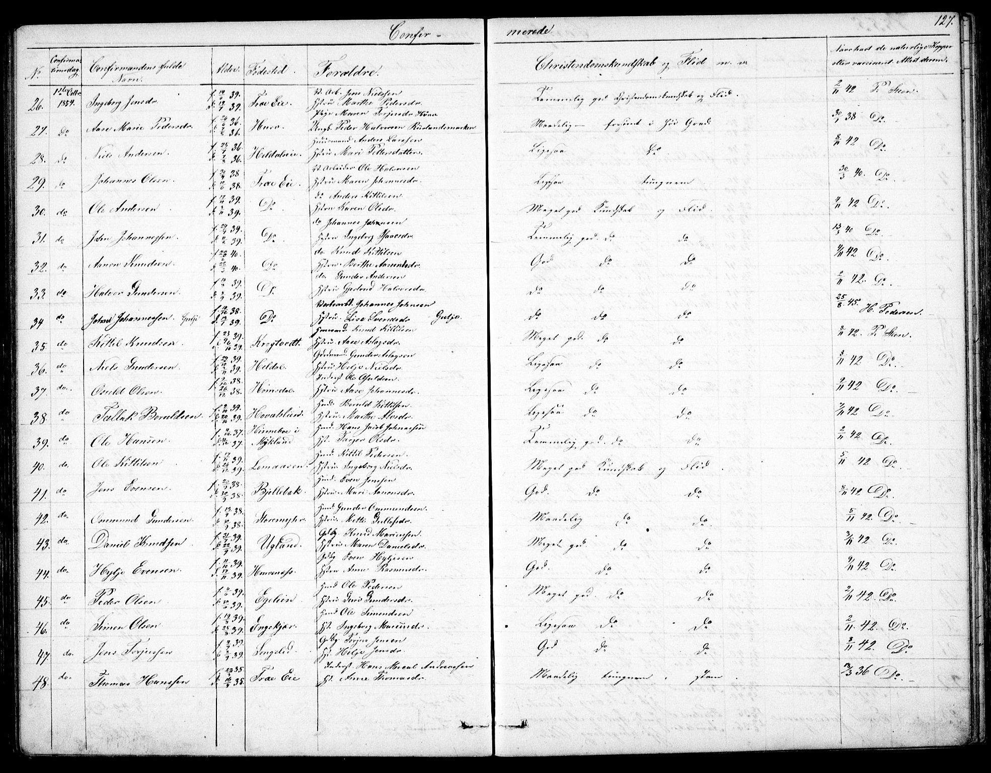 Froland sokneprestkontor, SAK/1111-0013/F/Fb/L0008: Parish register (copy) no. B 8, 1843-1875, p. 127