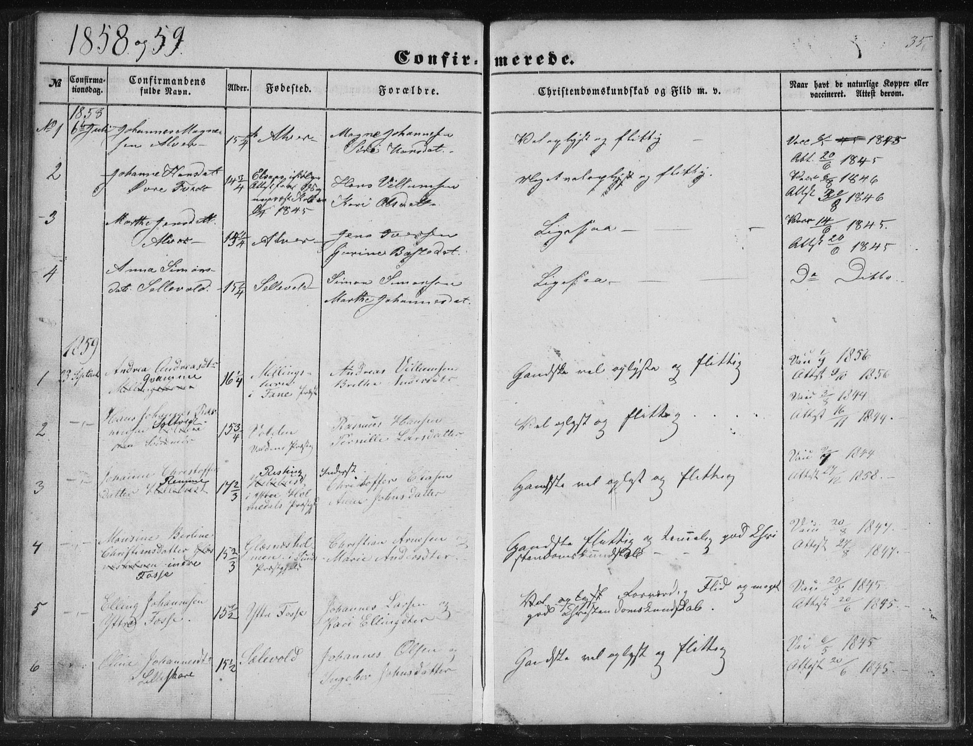 Alversund Sokneprestembete, SAB/A-73901/H/Ha/Hab: Parish register (copy) no. A 1, 1852-1864, p. 35