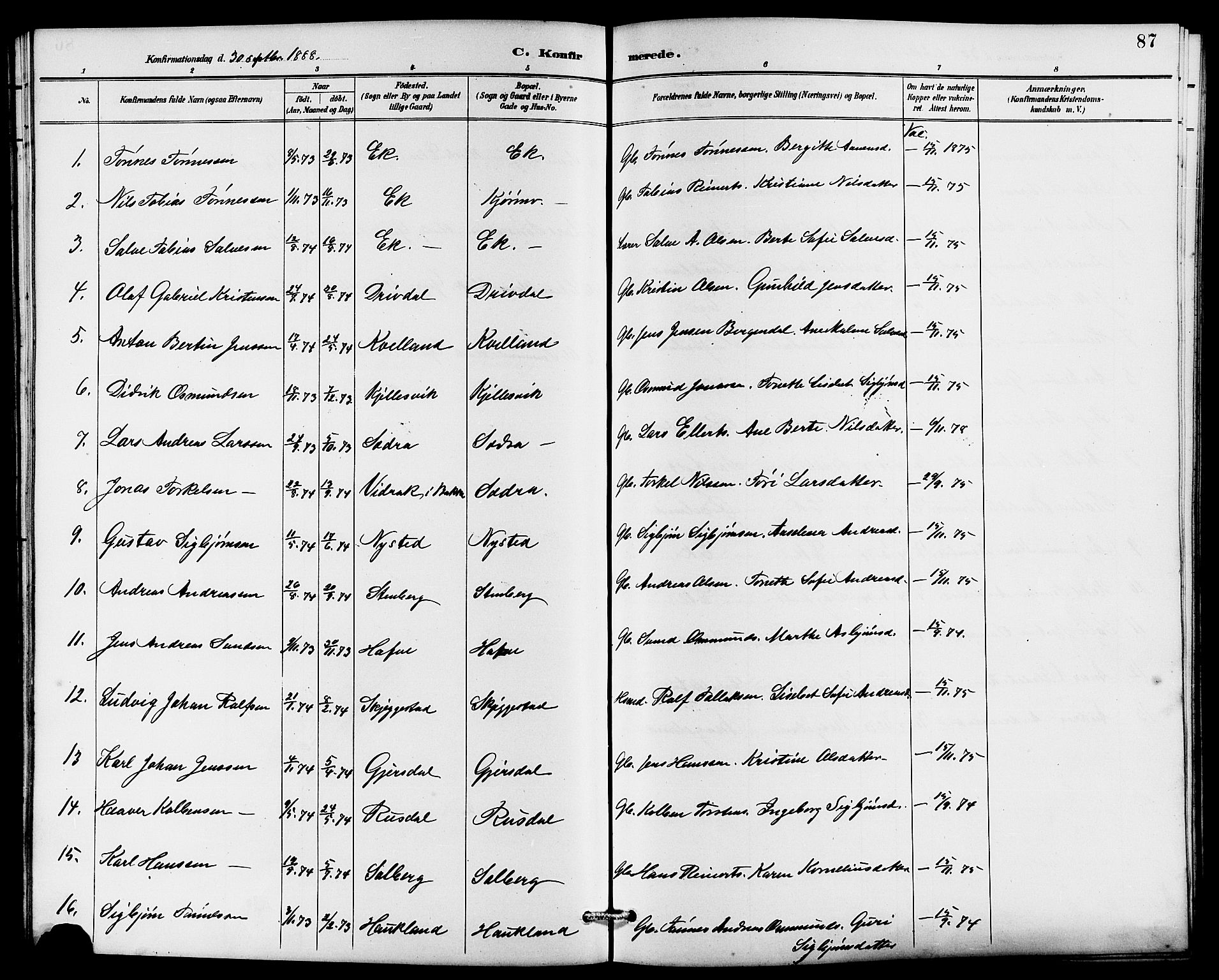 Lund sokneprestkontor, AV/SAST-A-101809/S07/L0006: Parish register (copy) no. B 6, 1885-1901, p. 87