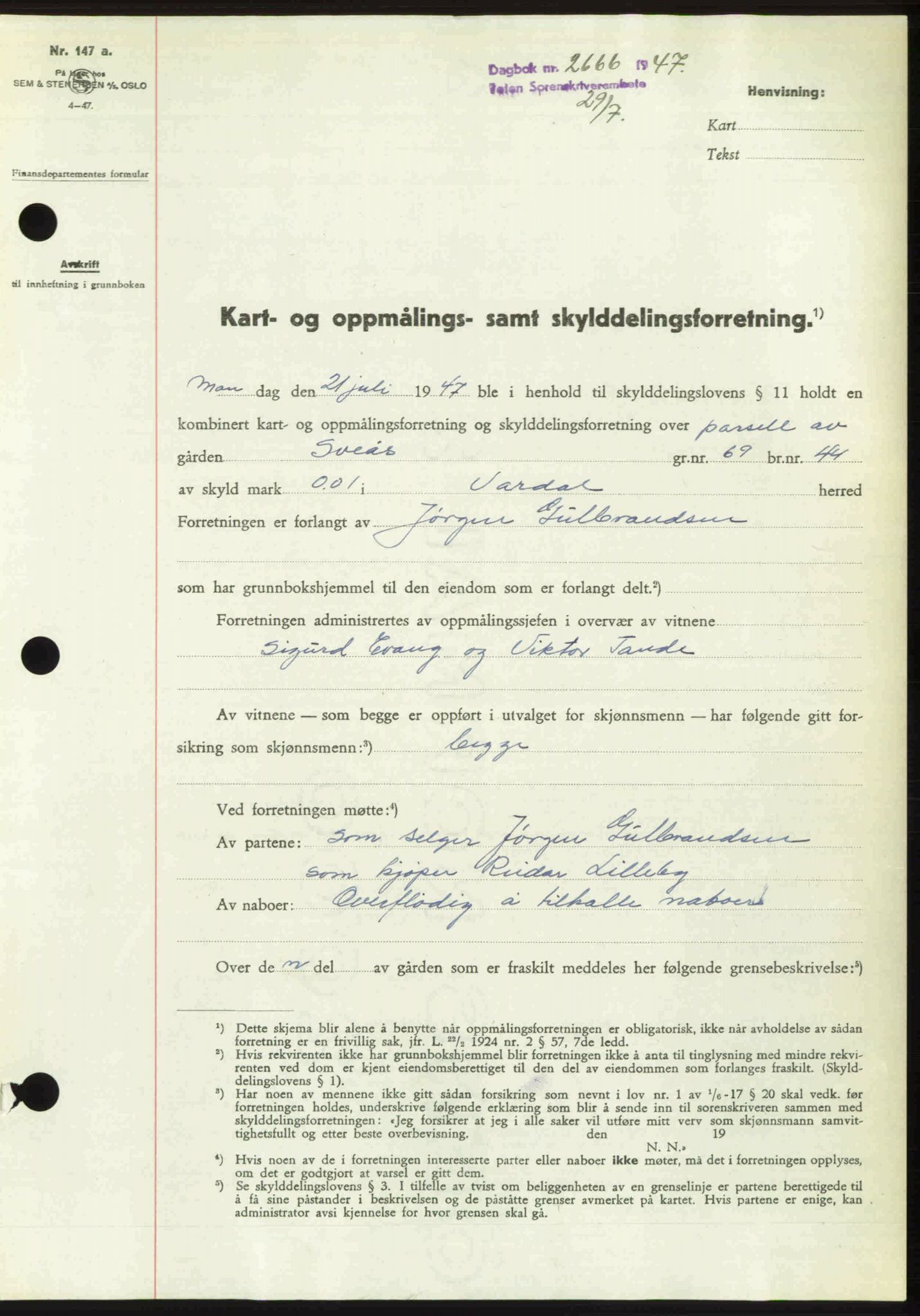 Toten tingrett, AV/SAH-TING-006/H/Hb/Hbc/L0017: Mortgage book no. Hbc-17, 1947-1947, Diary no: : 2666/1947