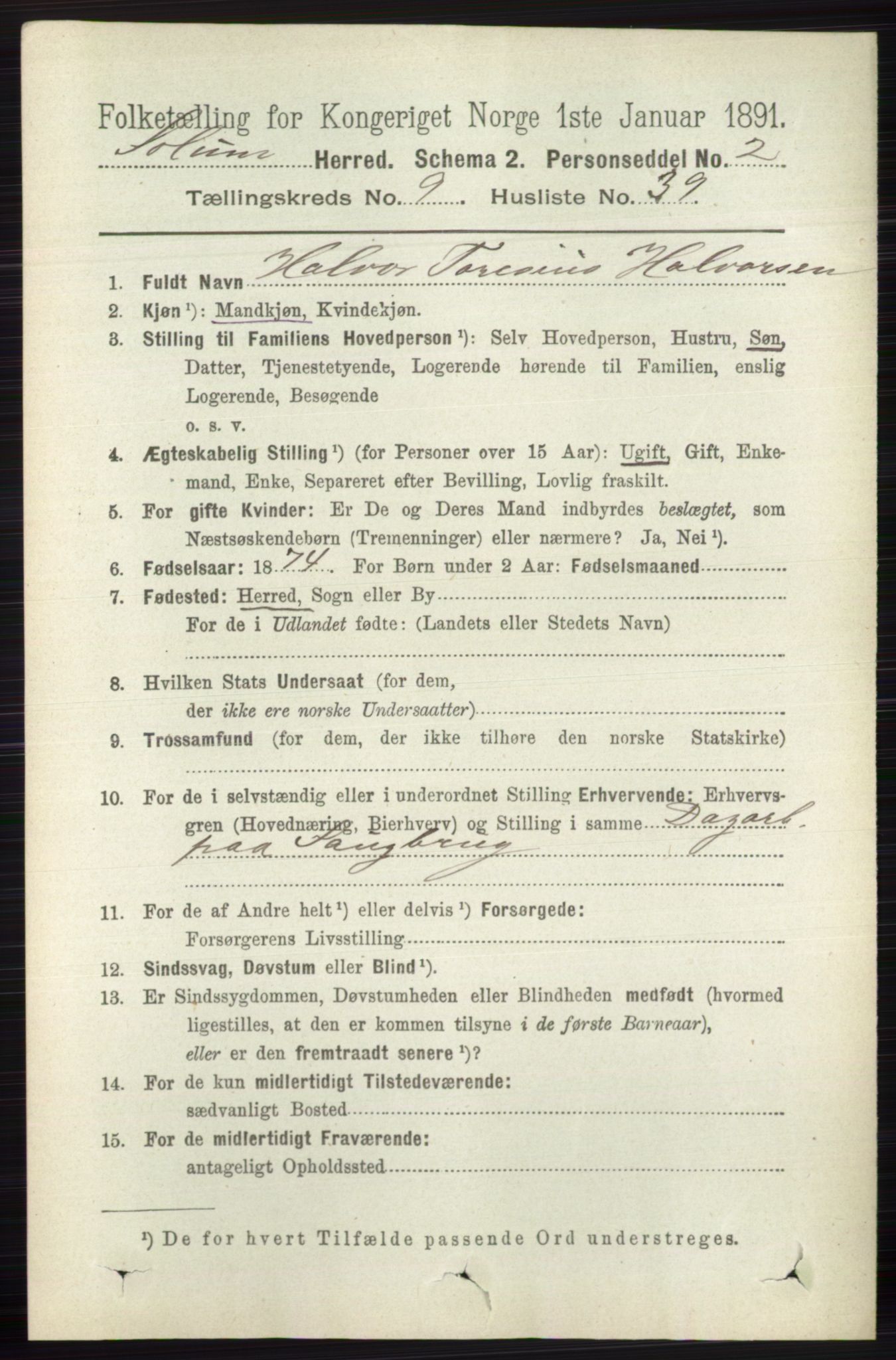 RA, 1891 census for 0818 Solum, 1891, p. 2181