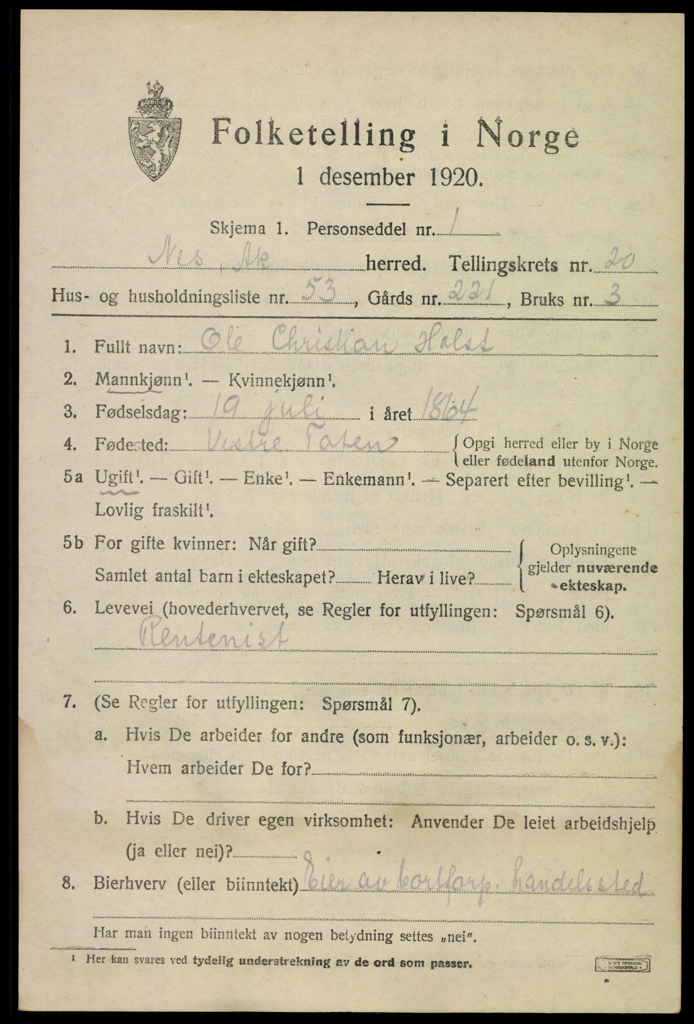 SAO, 1920 census for Nes, 1920, p. 21926