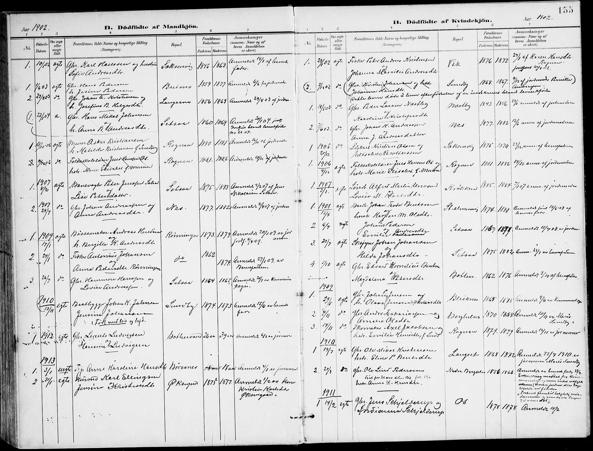 Ministerialprotokoller, klokkerbøker og fødselsregistre - Nordland, AV/SAT-A-1459/847/L0672: Parish register (official) no. 847A12, 1902-1919, p. 155