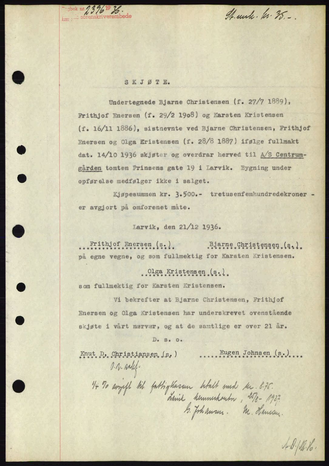 Larvik sorenskriveri, SAKO/A-83/G/Ga/Gab/L0067: Mortgage book no. A-1, 1936-1937, Diary no: : 2396/1936