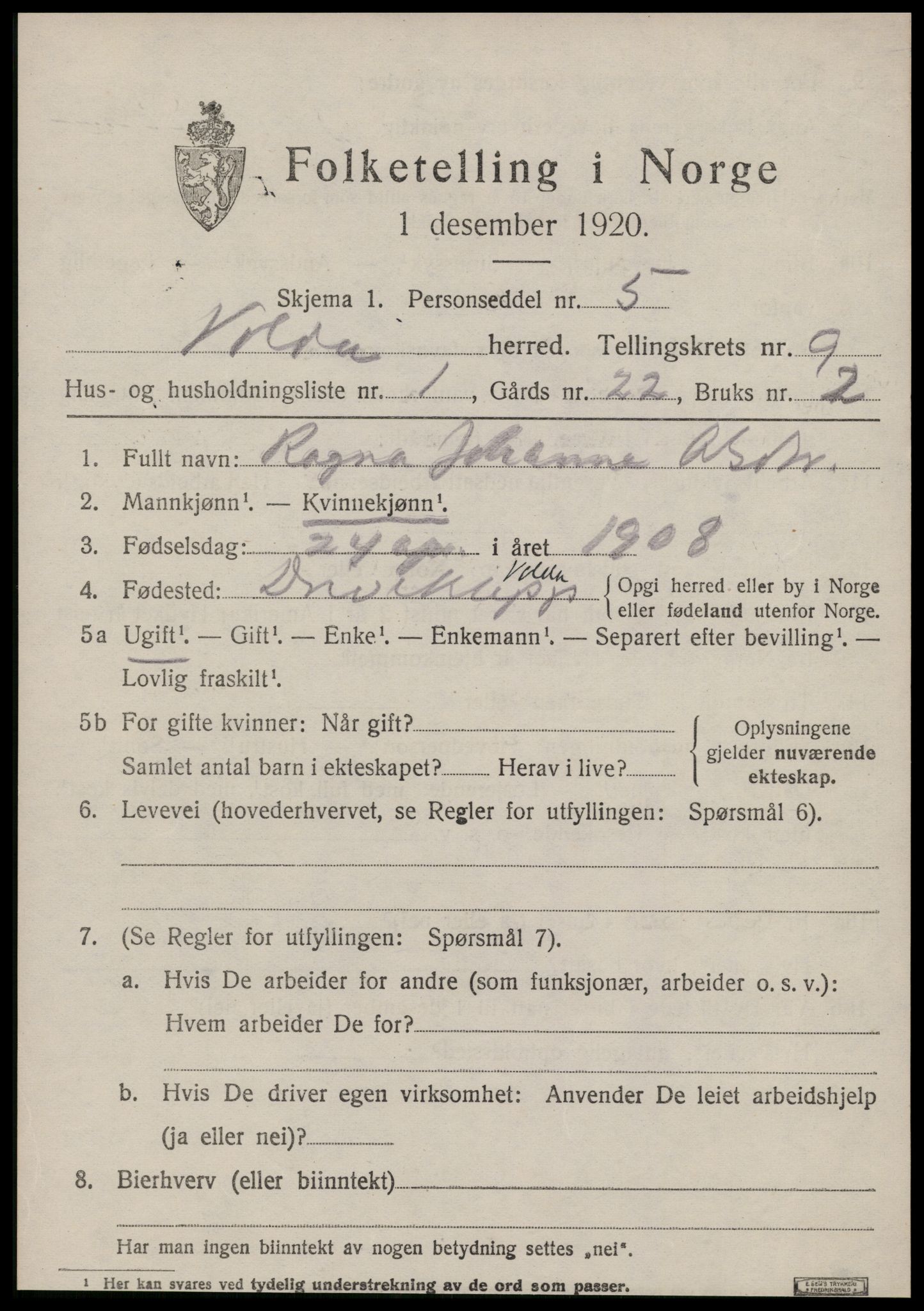 SAT, 1920 census for Volda, 1920, p. 6748