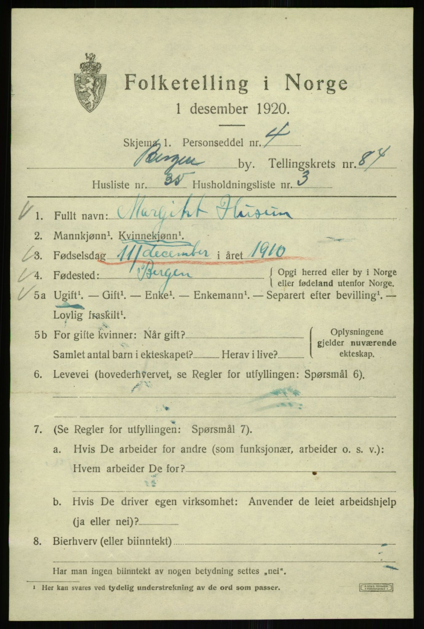 SAB, 1920 census for Bergen, 1920, p. 156637