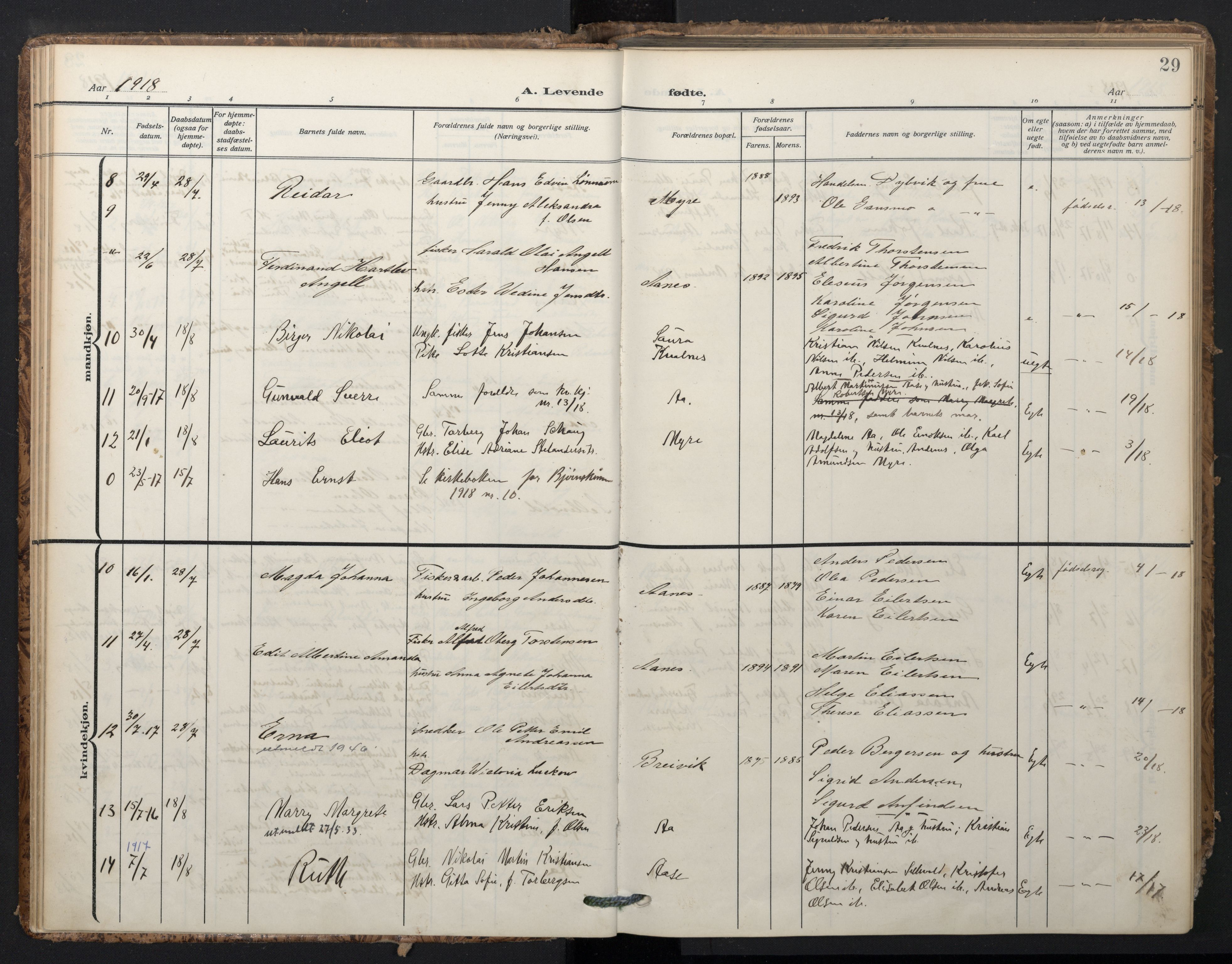 Ministerialprotokoller, klokkerbøker og fødselsregistre - Nordland, SAT/A-1459/897/L1401: Parish register (official) no. 897A08, 1909-1921, p. 29
