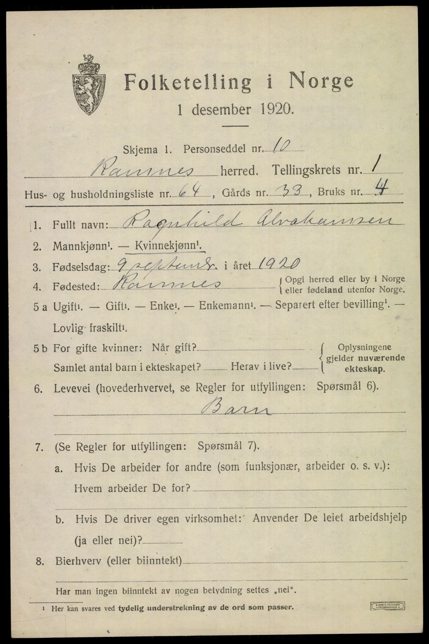 SAKO, 1920 census for Ramnes, 1920, p. 1938