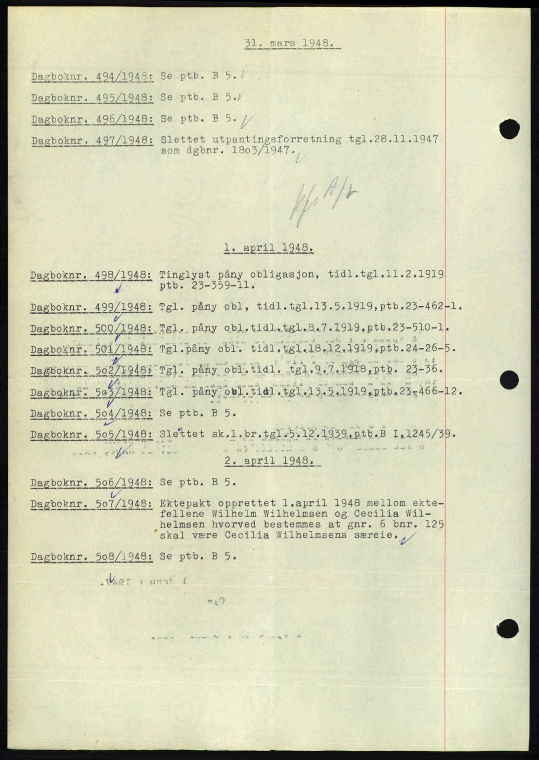 Nedenes sorenskriveri, SAK/1221-0006/G/Gb/Gba/L0059: Mortgage book no. A11, 1948-1948, Diary no: : 494/1948