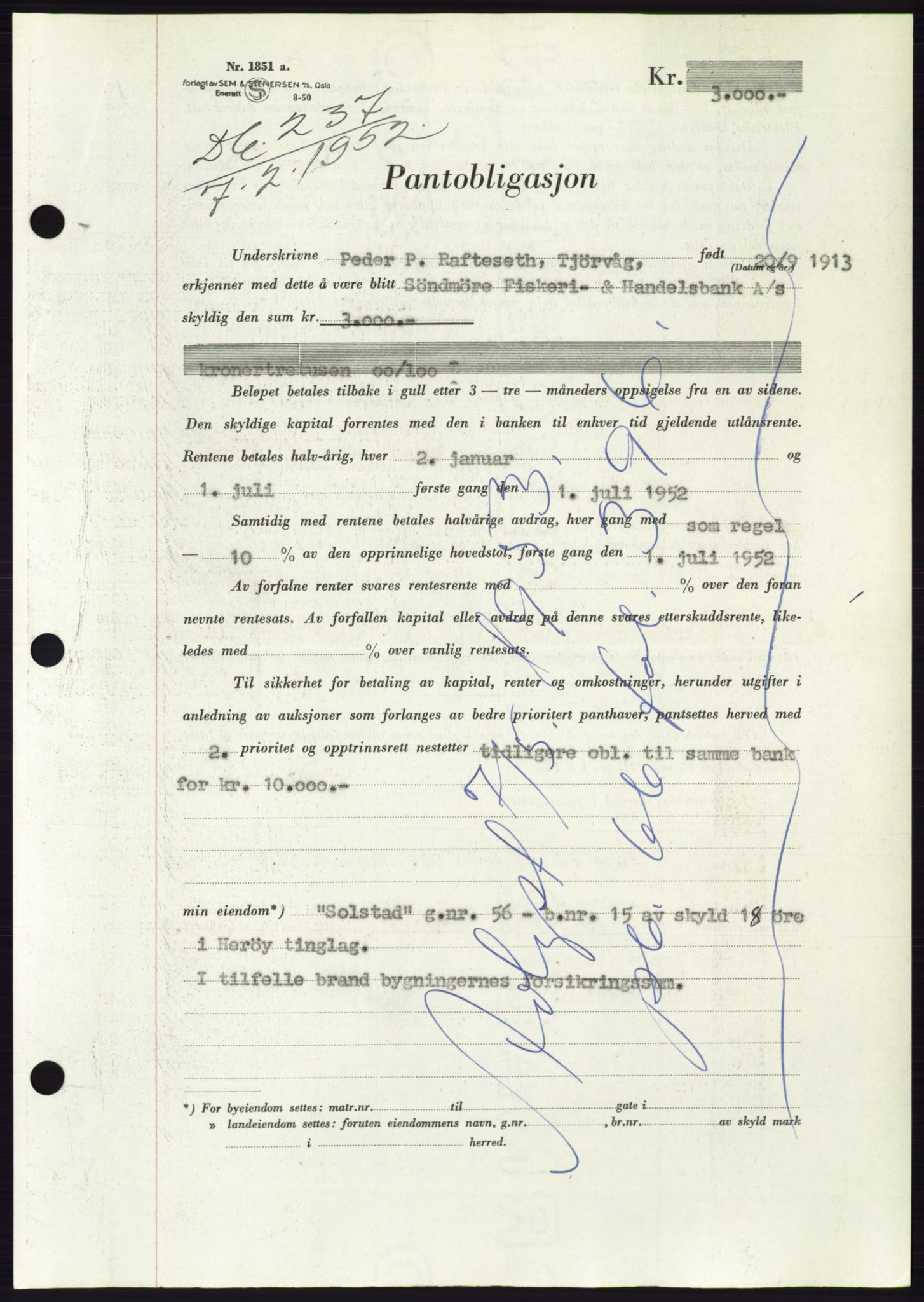 Søre Sunnmøre sorenskriveri, AV/SAT-A-4122/1/2/2C/L0121: Mortgage book no. 9B, 1951-1952, Diary no: : 237/1952
