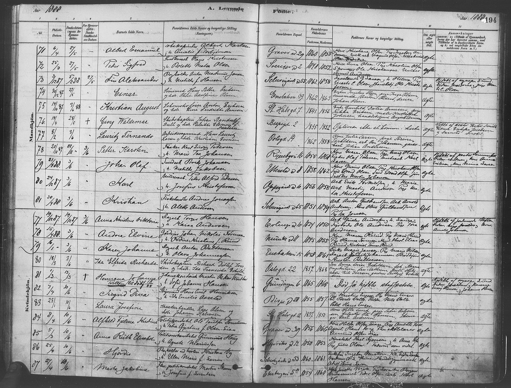 Gamlebyen prestekontor Kirkebøker, SAO/A-10884/F/Fa/L0005: Parish register (official) no. 5, 1878-1889, p. 194
