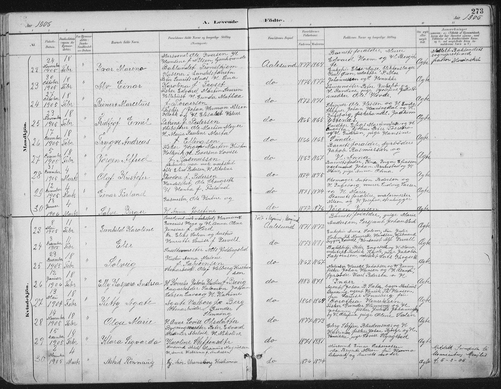 Ministerialprotokoller, klokkerbøker og fødselsregistre - Møre og Romsdal, AV/SAT-A-1454/529/L0456: Parish register (official) no. 529A06, 1894-1906, p. 273