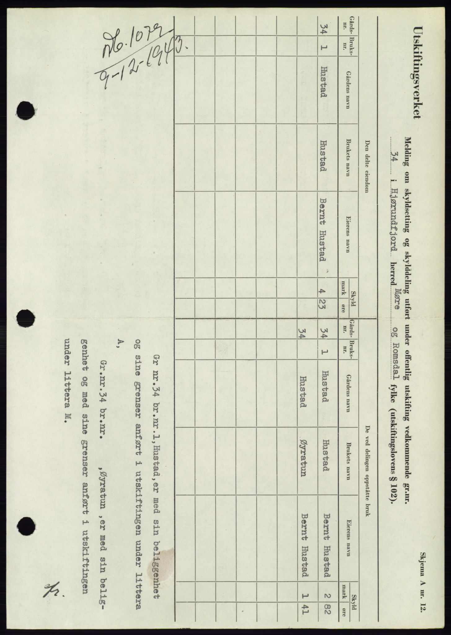 Søre Sunnmøre sorenskriveri, AV/SAT-A-4122/1/2/2C/L0075: Mortgage book no. 1A, 1943-1943, Diary no: : 1079/1943