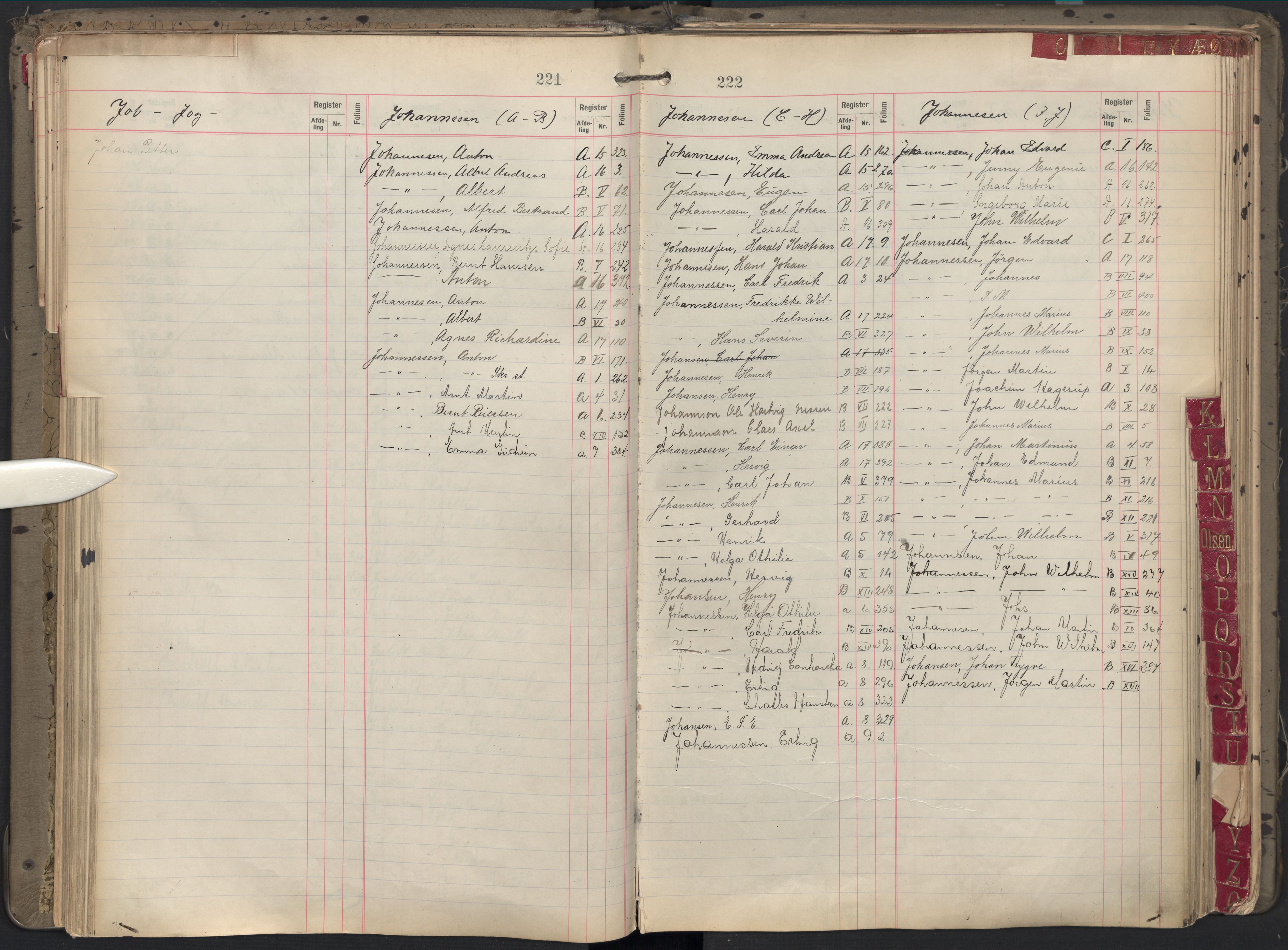 Oslo byfogd avd. II, AV/SAO-A-10942/G/Ga/Gab/L0002: Personregister: A 1-17, B 1-17, C 1, 1907, p. 221-222