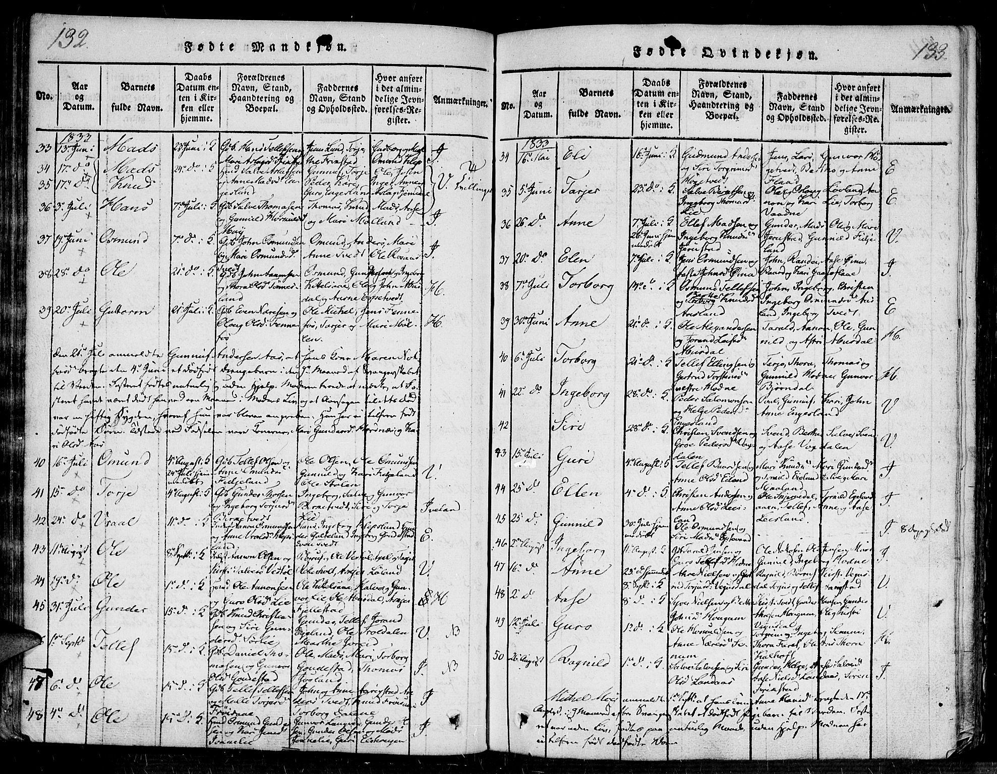 Evje sokneprestkontor, AV/SAK-1111-0008/F/Fa/Faa/L0004: Parish register (official) no. A 4, 1816-1840, p. 132-133