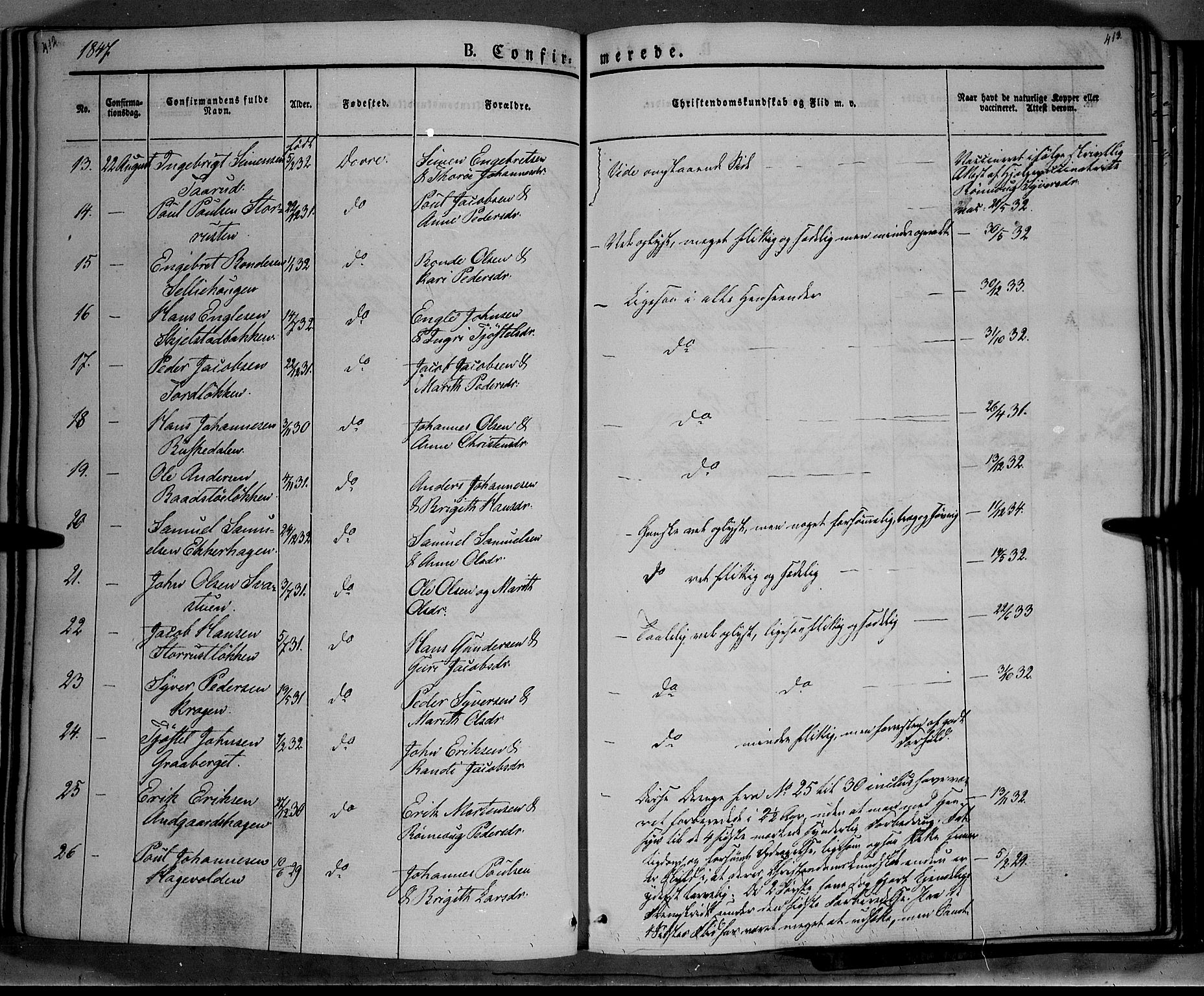 Lesja prestekontor, SAH/PREST-068/H/Ha/Haa/L0006: Parish register (official) no. 6A, 1843-1854, p. 412-413