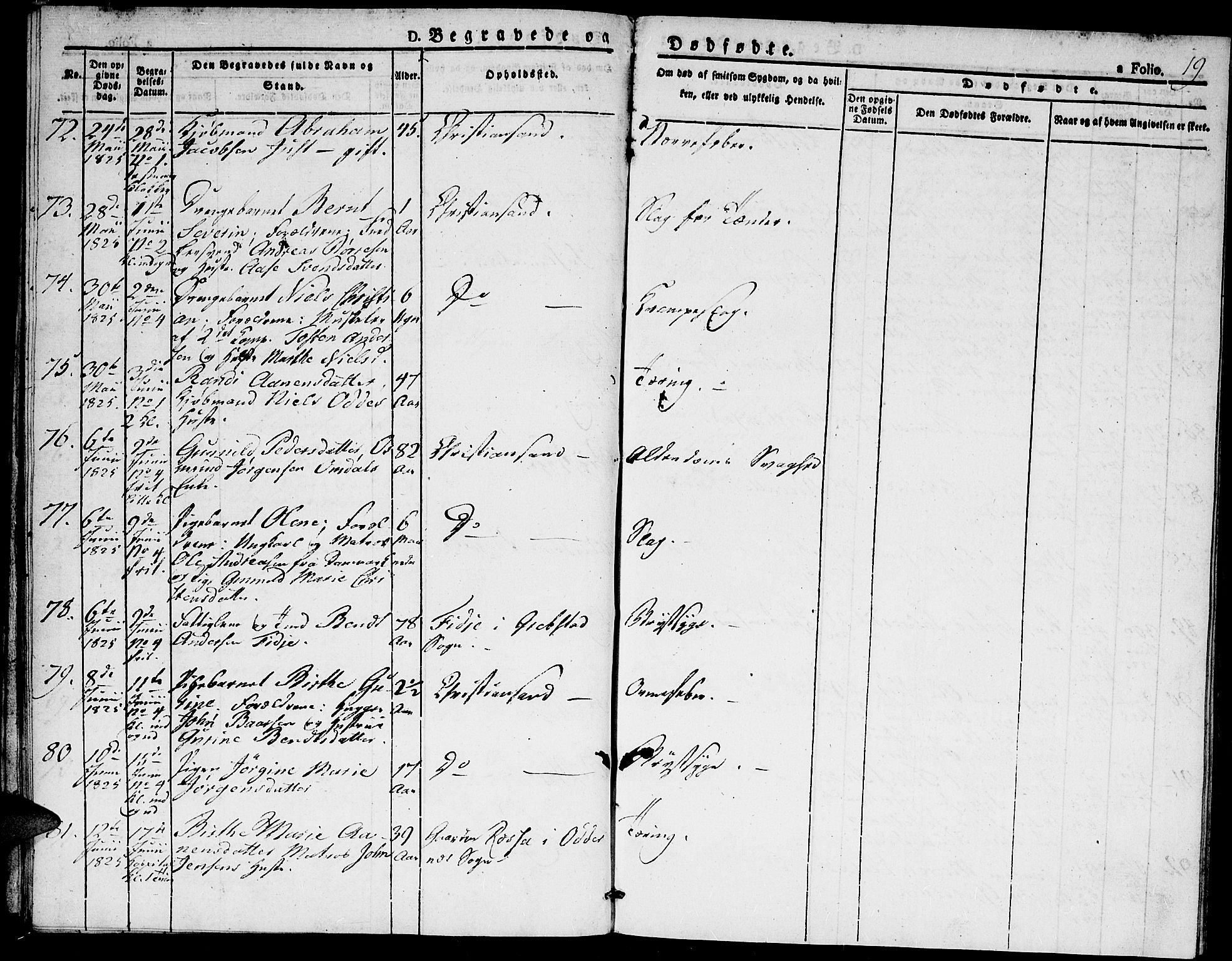 Kristiansand domprosti, SAK/1112-0006/F/Fa/L0010: Parish register (official) no. A 10, 1824-1827, p. 19