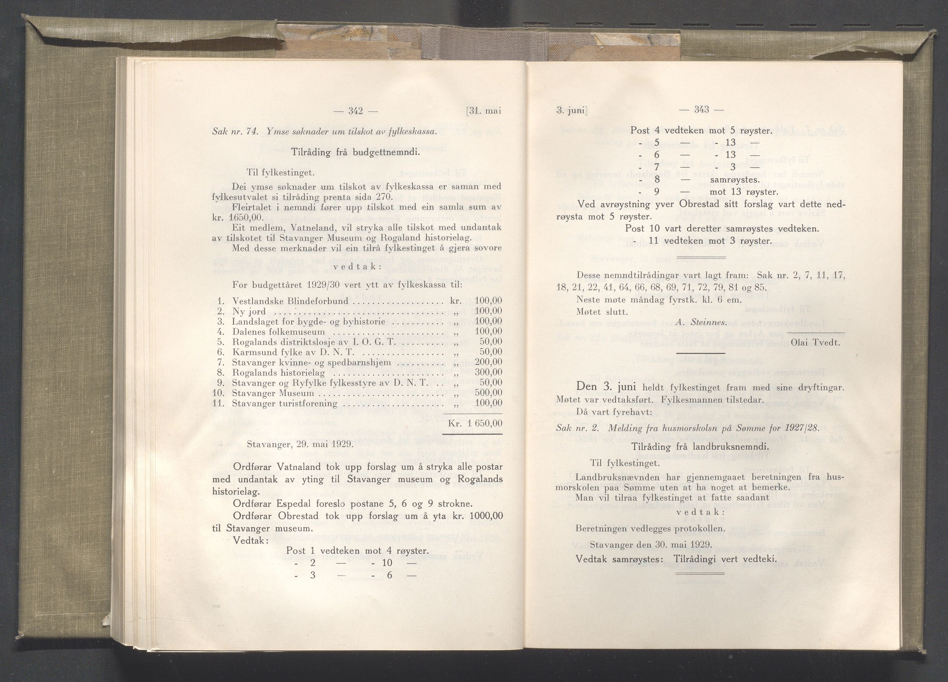 Rogaland fylkeskommune - Fylkesrådmannen , IKAR/A-900/A/Aa/Aaa/L0048: Møtebok , 1929, p. 342-343