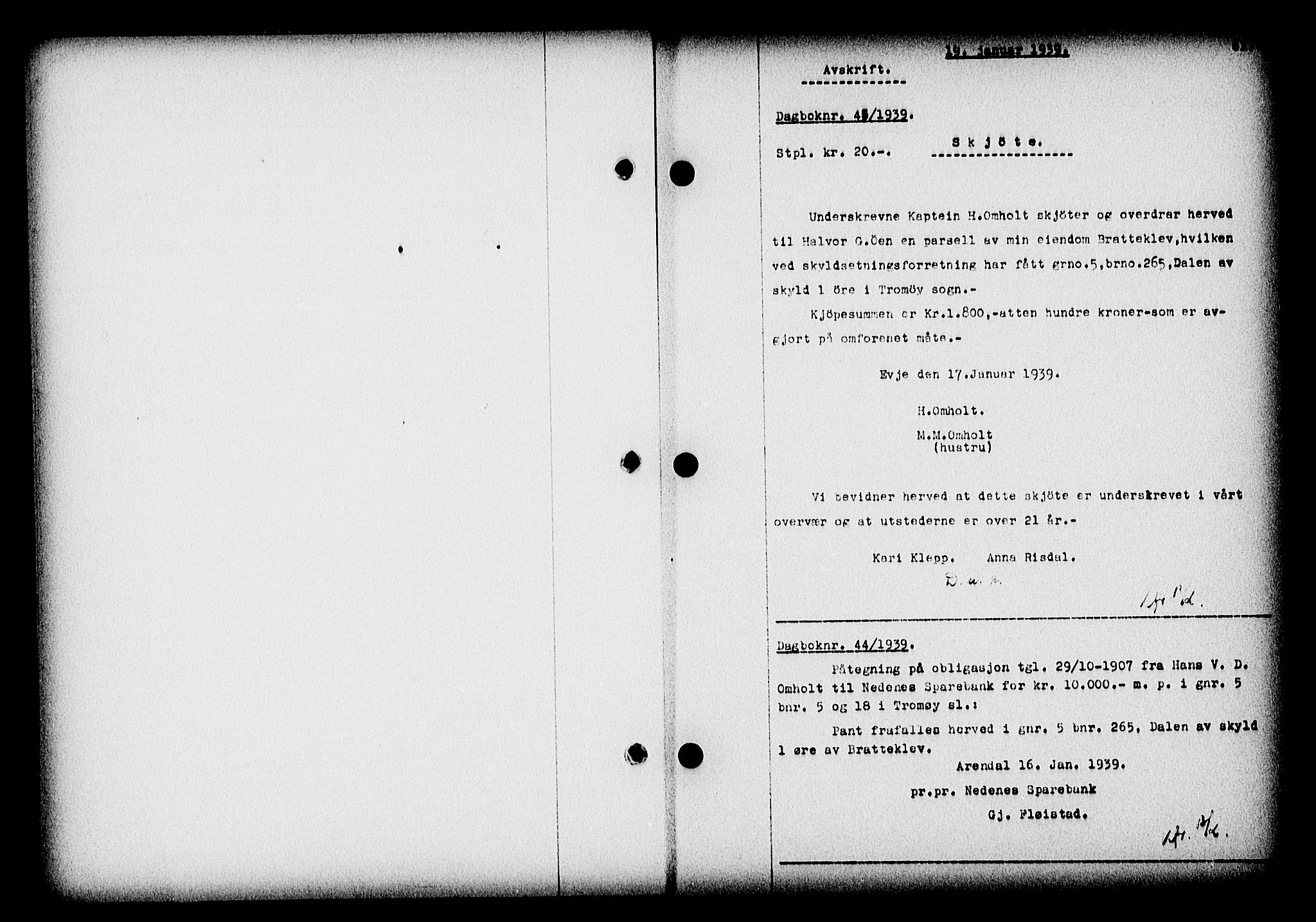 Nedenes sorenskriveri, SAK/1221-0006/G/Gb/Gba/L0046: Mortgage book no. 42, 1938-1939, Diary no: : 44/1939