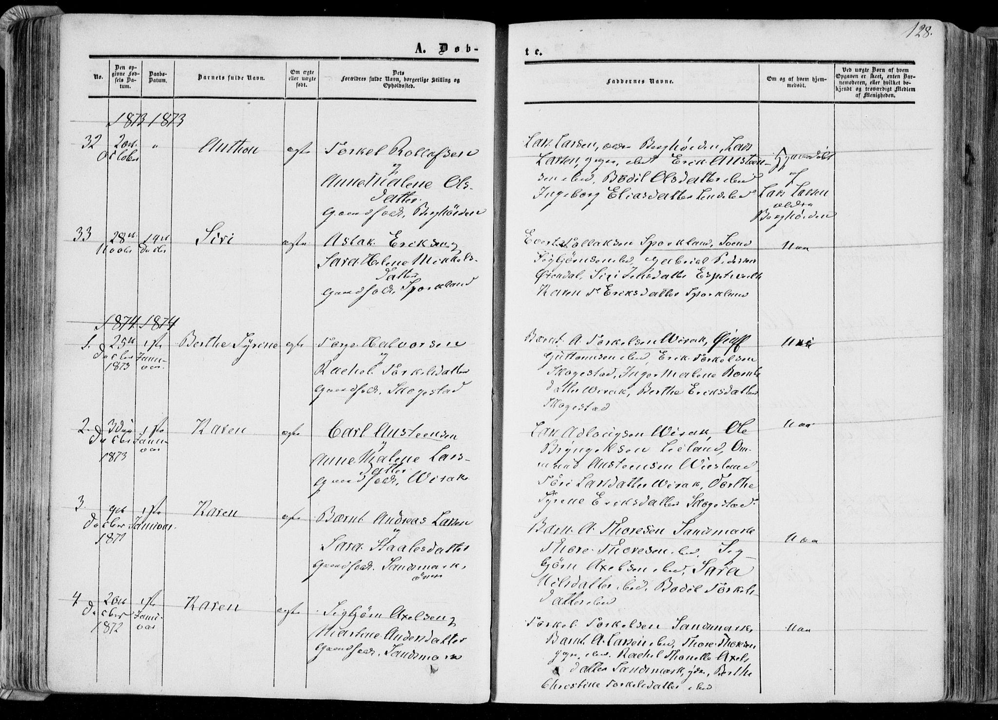 Bakke sokneprestkontor, SAK/1111-0002/F/Fa/Faa/L0006: Parish register (official) no. A 6, 1855-1877, p. 128