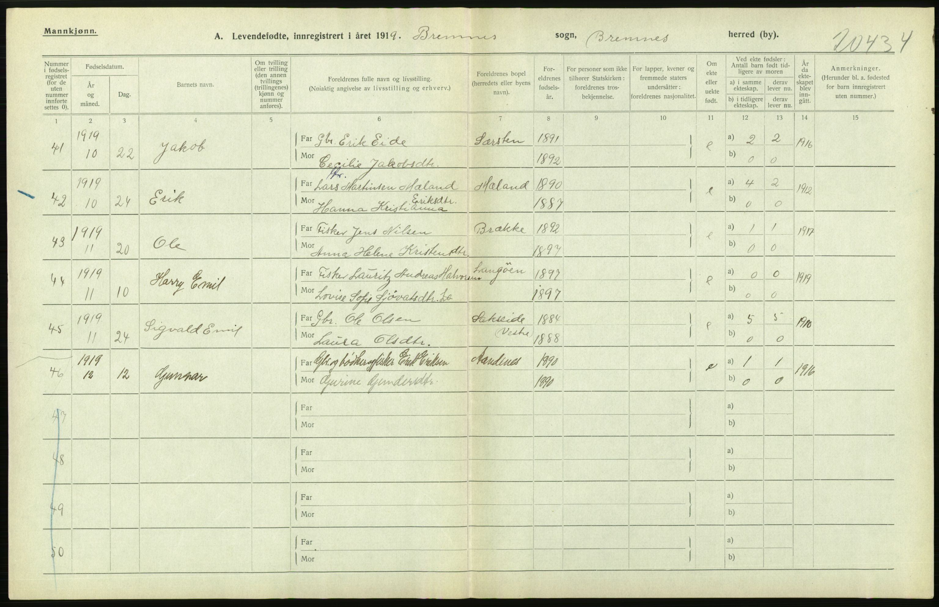 Statistisk sentralbyrå, Sosiodemografiske emner, Befolkning, RA/S-2228/D/Df/Dfb/Dfbi/L0031: Hordaland fylke: Levendefødte menn og kvinner. Bygder., 1919, p. 642