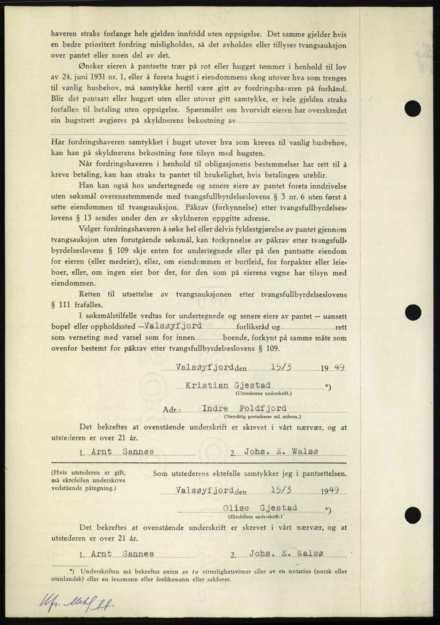 Nordmøre sorenskriveri, AV/SAT-A-4132/1/2/2Ca: Mortgage book no. B102, 1949-1949, Diary no: : 1943/1949