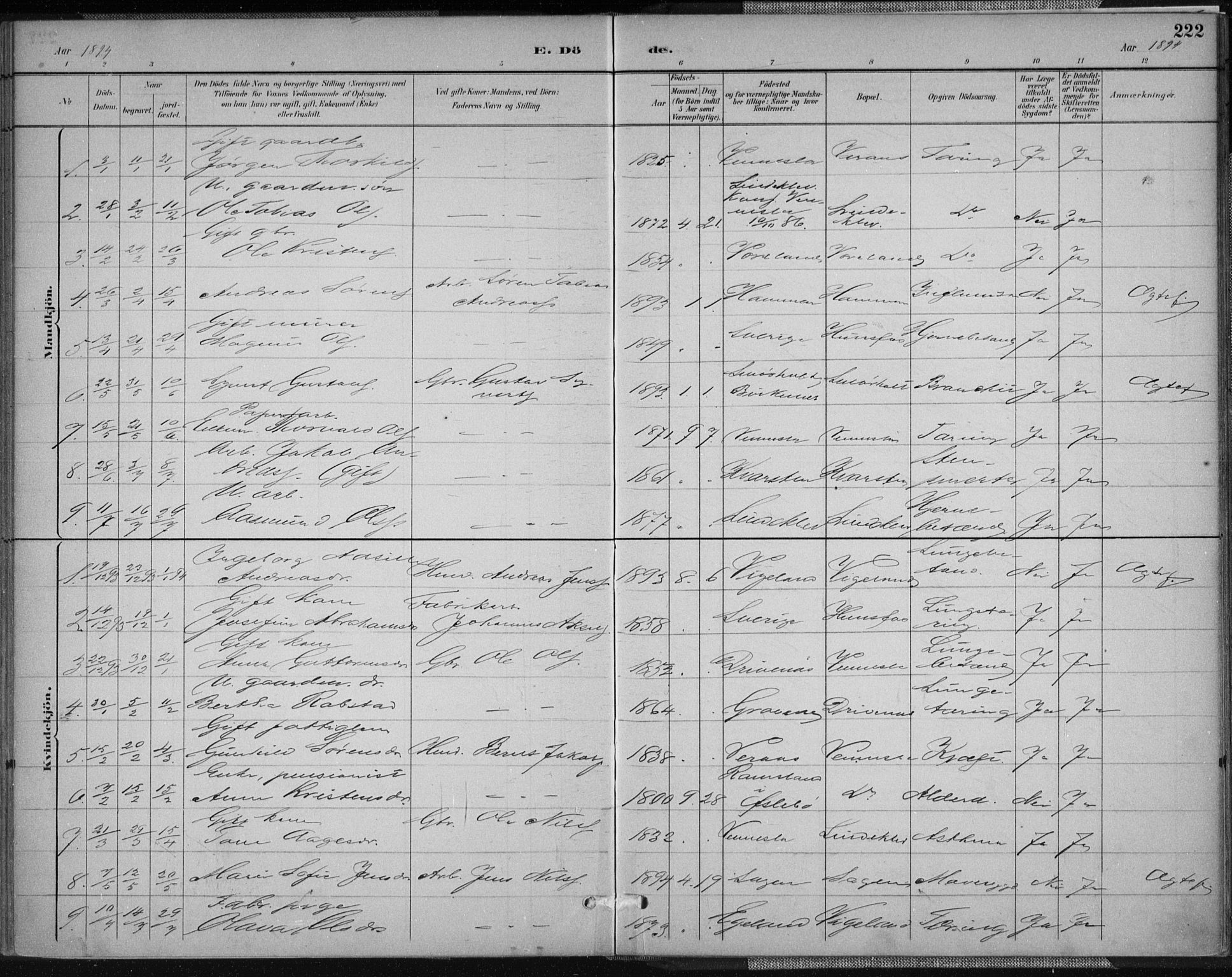 Vennesla sokneprestkontor, AV/SAK-1111-0045/Fa/Fab/L0004: Parish register (official) no. A 4, 1884-1896, p. 222