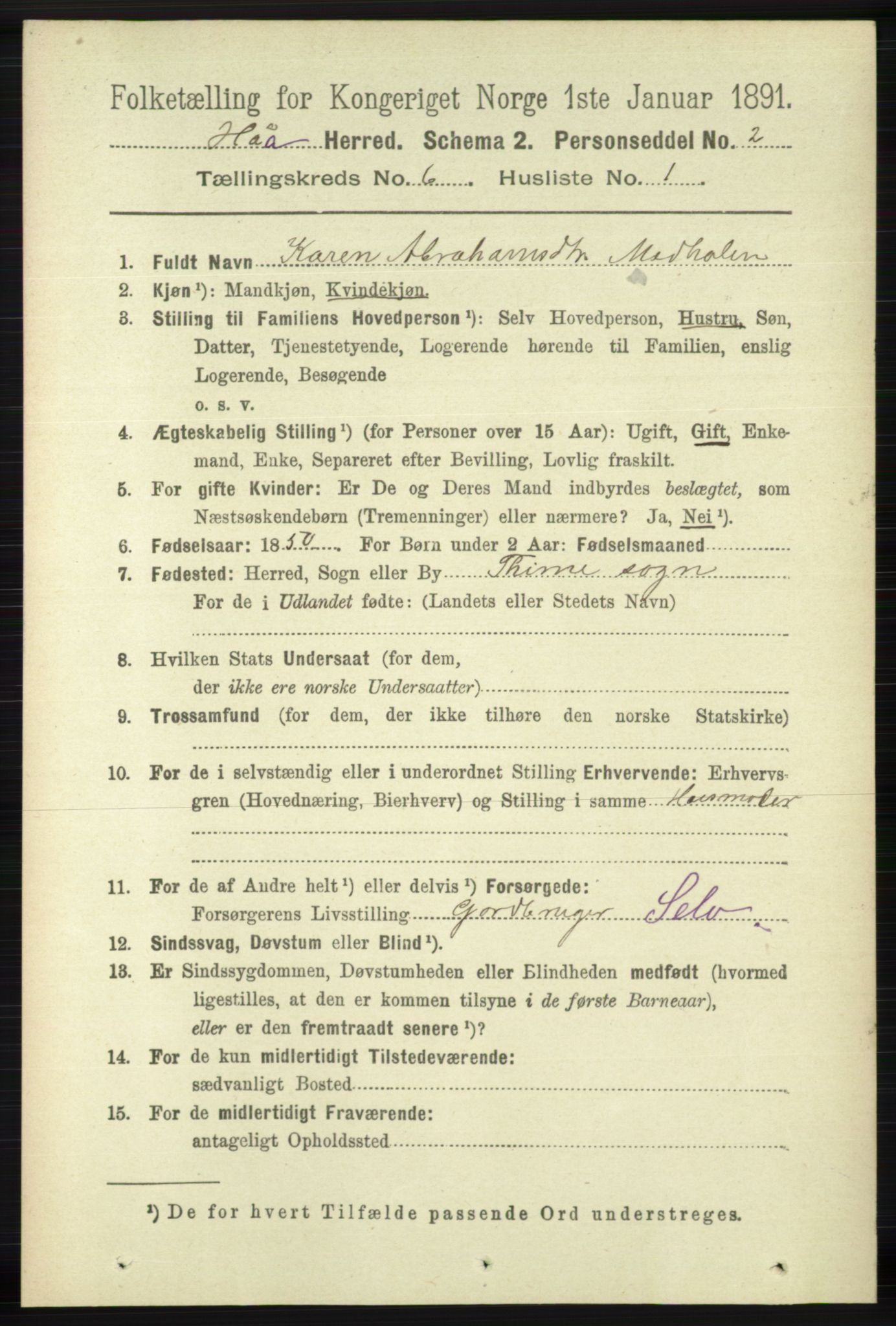 RA, 1891 census for 1119 Hå, 1891, p. 1716