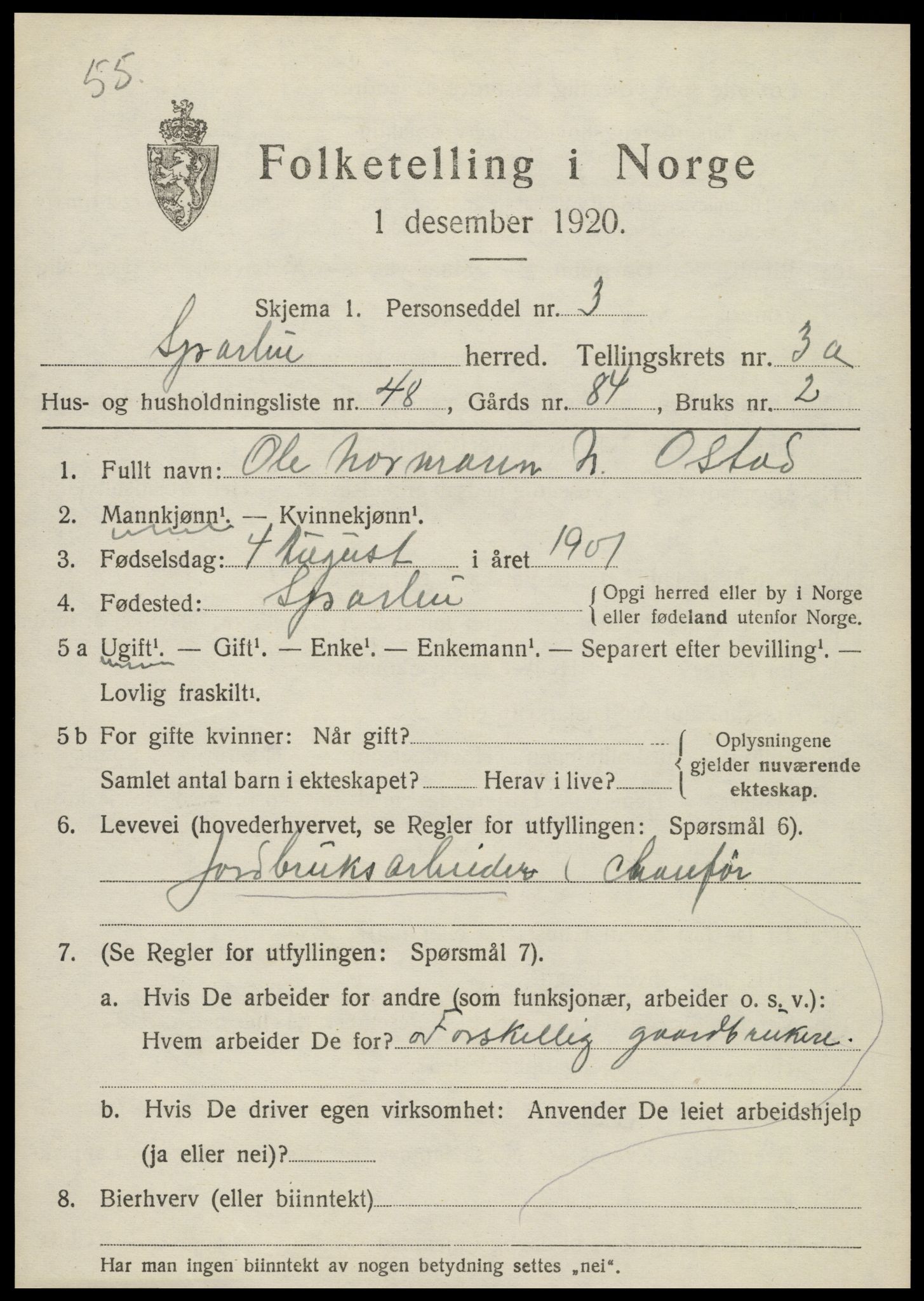 SAT, 1920 census for Sparbu, 1920, p. 4807