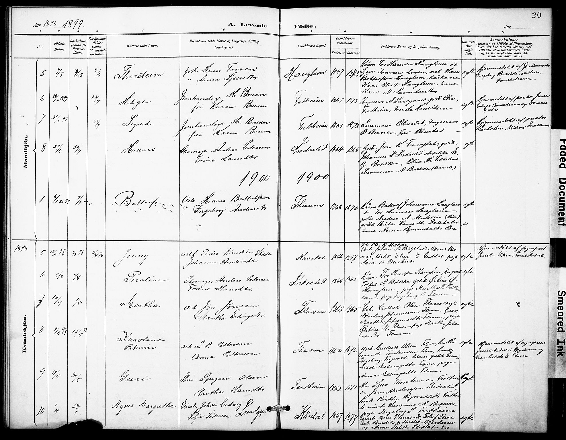 Aurland sokneprestembete, SAB/A-99937/H/Hb/Hbb/L0002: Parish register (copy) no. B 2, 1887-1929, p. 20
